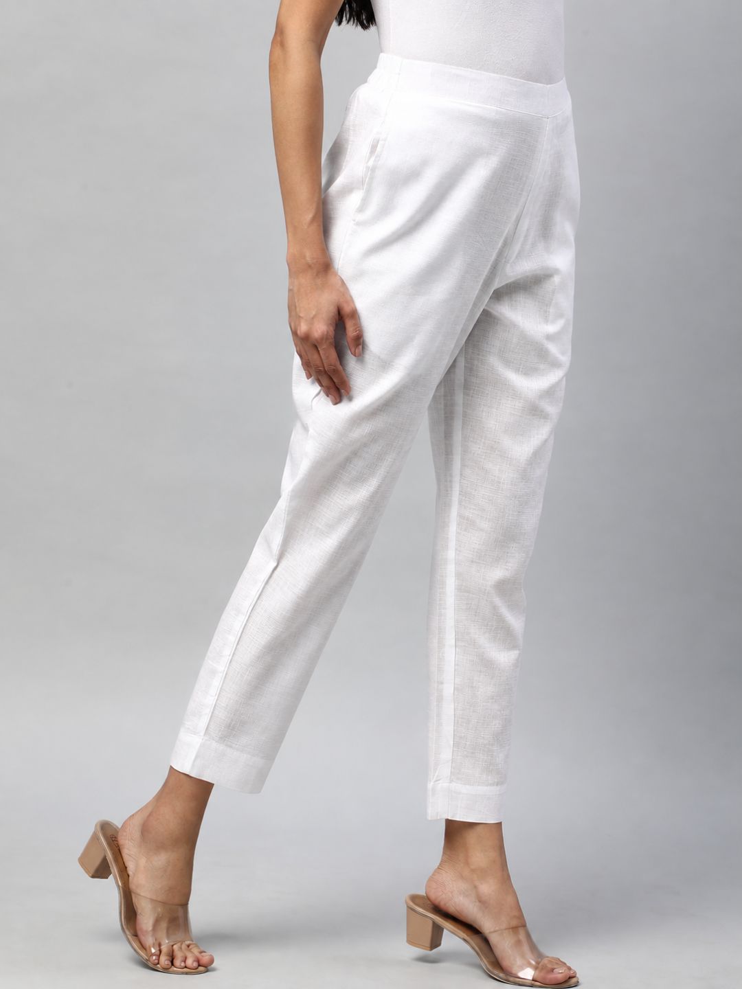 Straight Fit Cotton Plain Ankle Length Half Elasticated Pant with Inside Drawstring.(White)