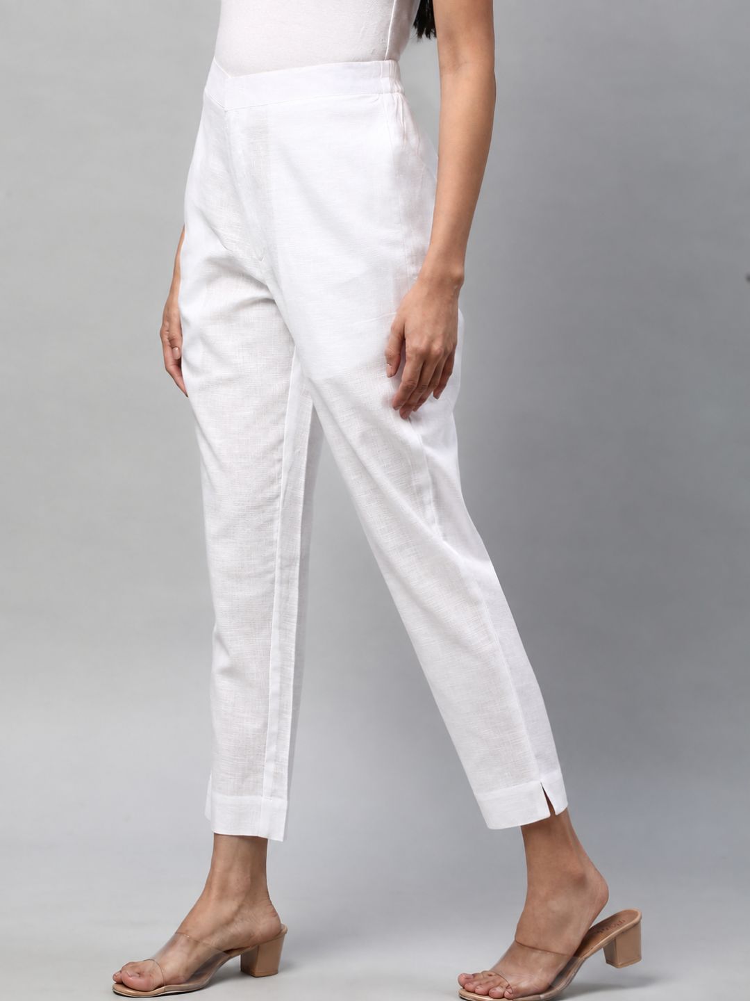 Straight Fit Cotton Plain Ankle Length Half Elasticated Pant with Inside Drawstring.(White)