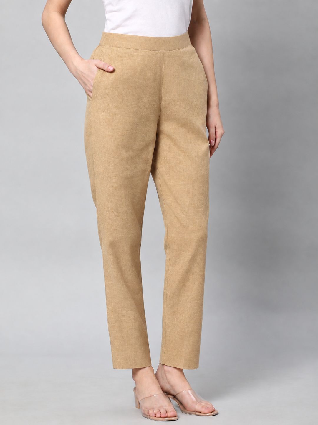 Straight Fit Cotton Plain Ankle Length Half Elasticated Pant with Inside Drawstring.(Beige)