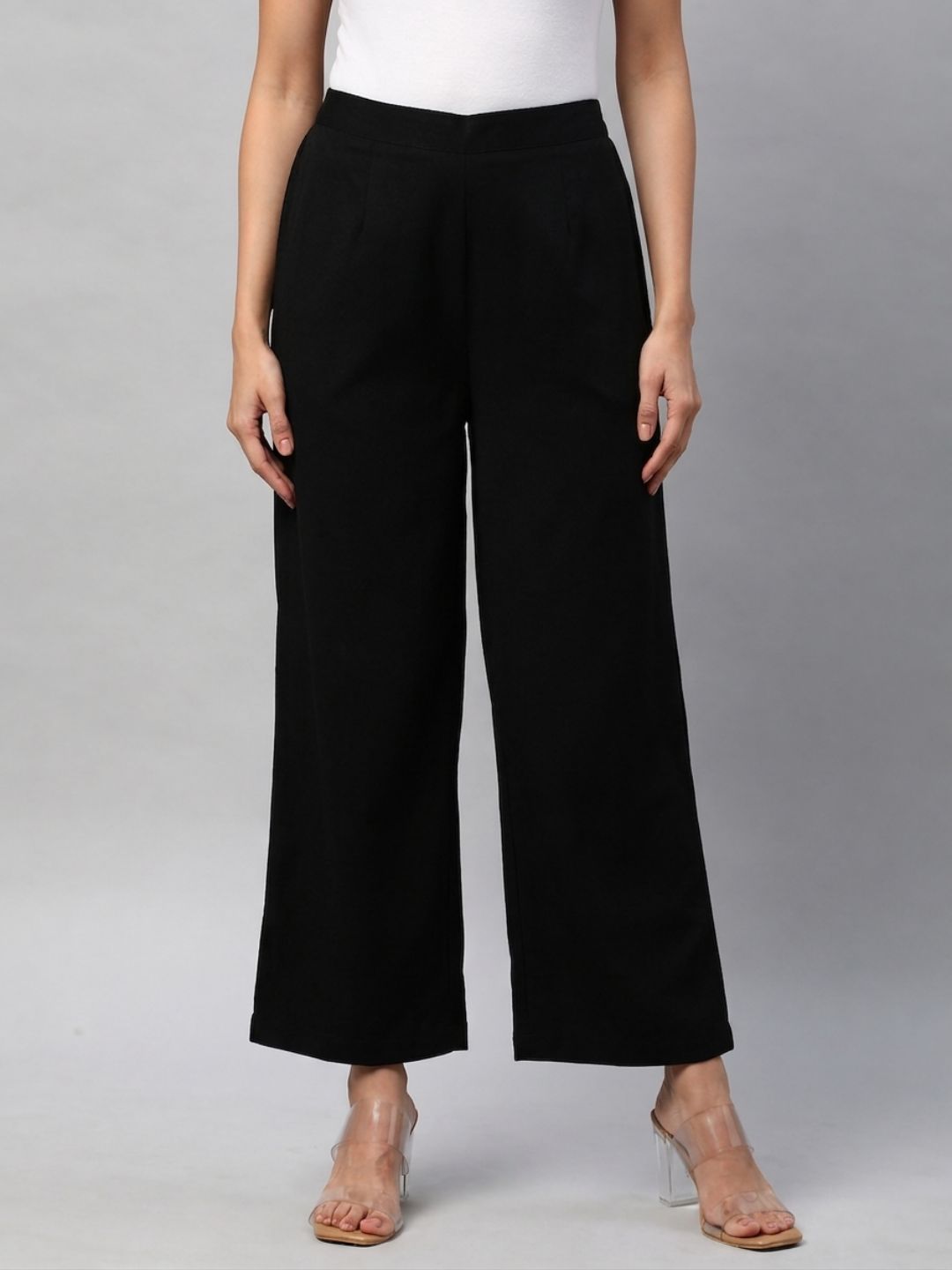 Straight Fit Cotton Plain Ankle Length Half Elasticated Palazzo with Inside Drawstring.(Black)