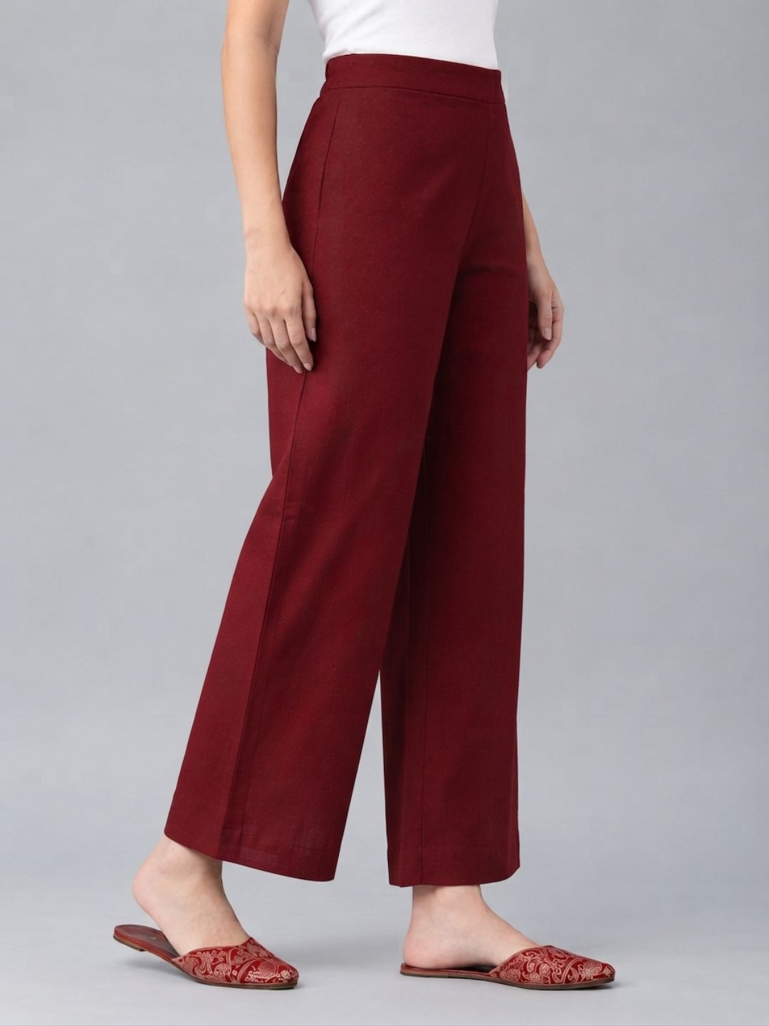 Straight Fit Cotton Plain Ankle Length Half Elasticated Palazzo with Inside Drawstring.(Maroon)