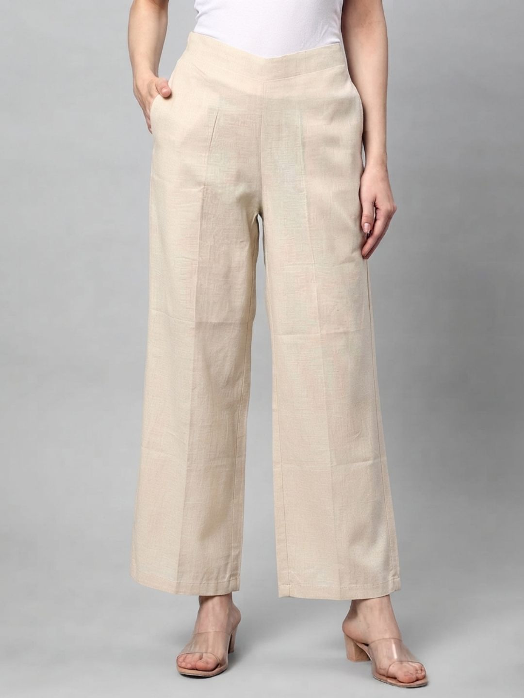 Straight Fit Cotton Plain Ankle Length Half Elasticated Palazzo with Inside Drawstring.(Cream)
