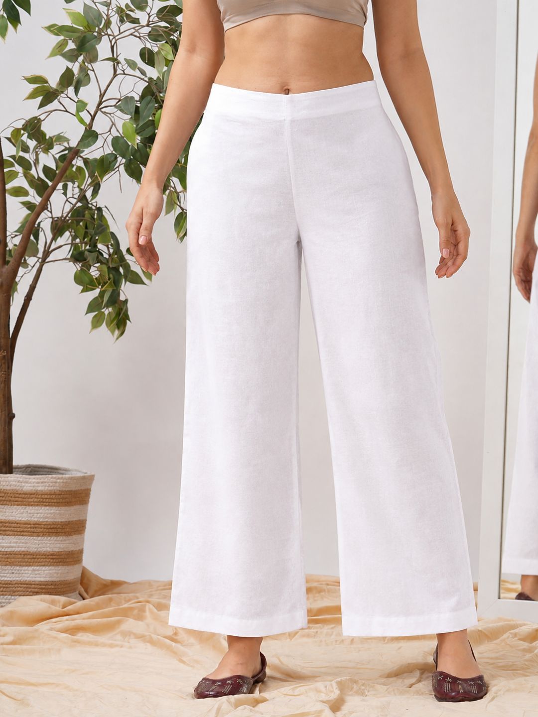 Straight Fit Cotton Plain Ankle Length Half Elasticated Palazzo with Inside Drawstring.(White)
