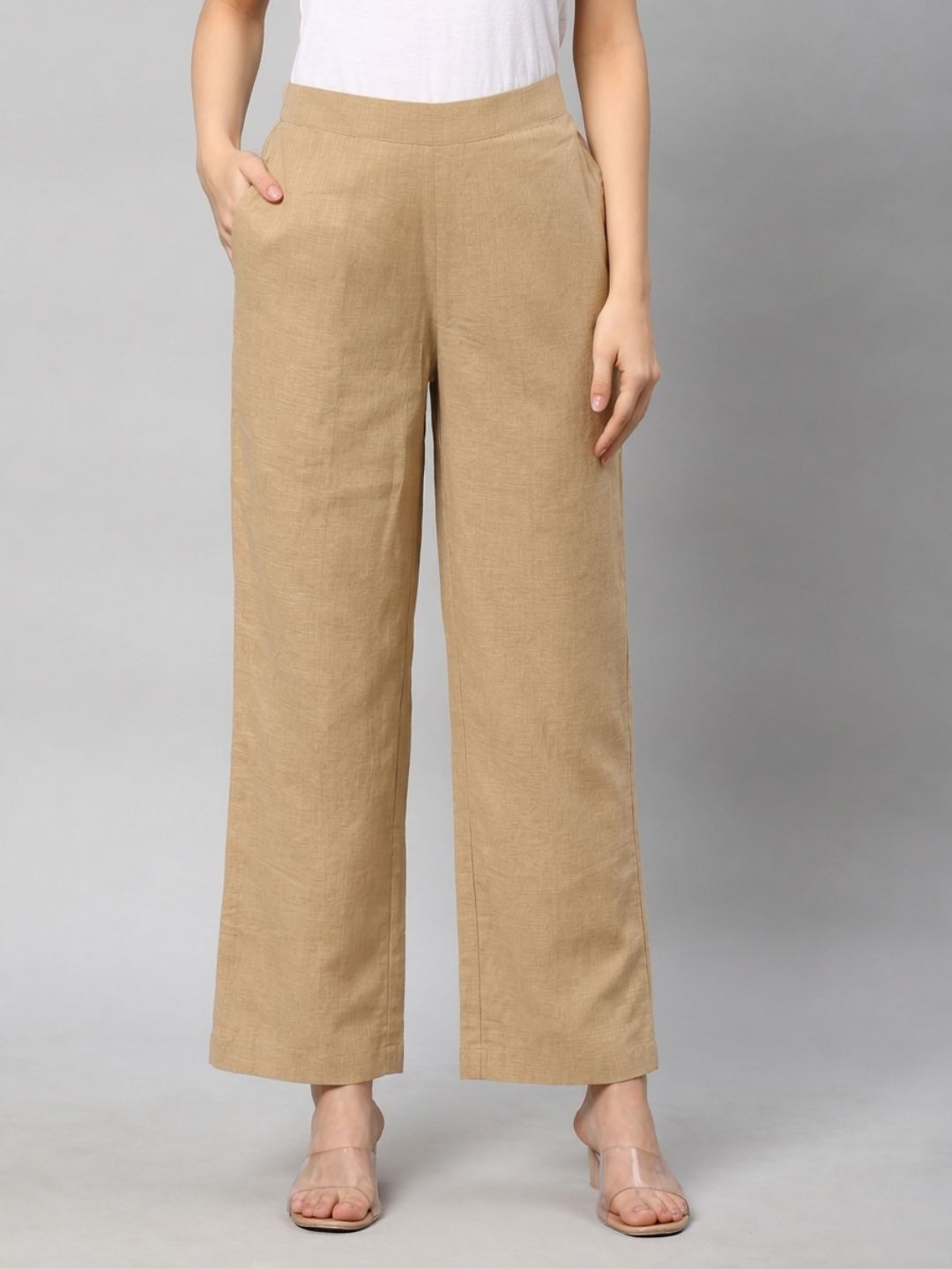 Straight Fit Cotton Plain Ankle Length Half Elasticated Palazzo with Inside Drawstring.(Beige)