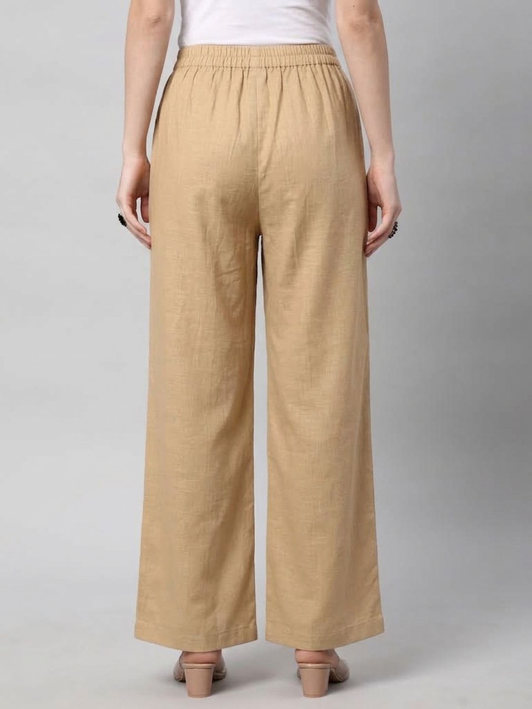 Straight Fit Cotton Plain Ankle Length Half Elasticated Palazzo with Inside Drawstring.(Beige)