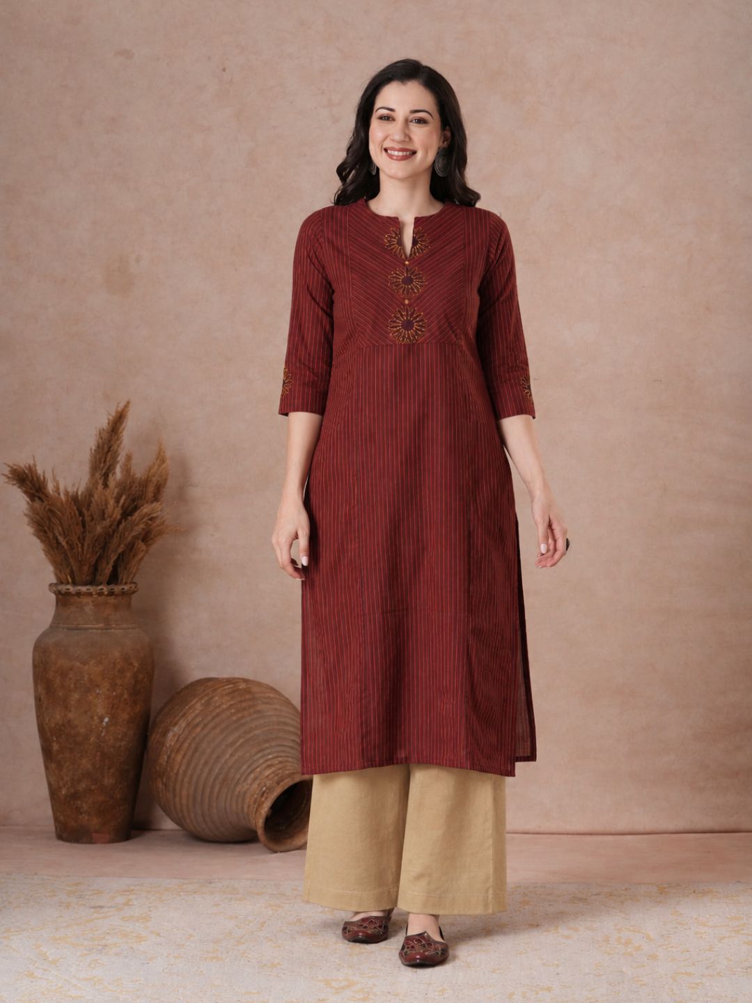 Straight Fit Cotton Plain Ankle Length Half Elasticated Palazzo with Inside Drawstring.(Beige)