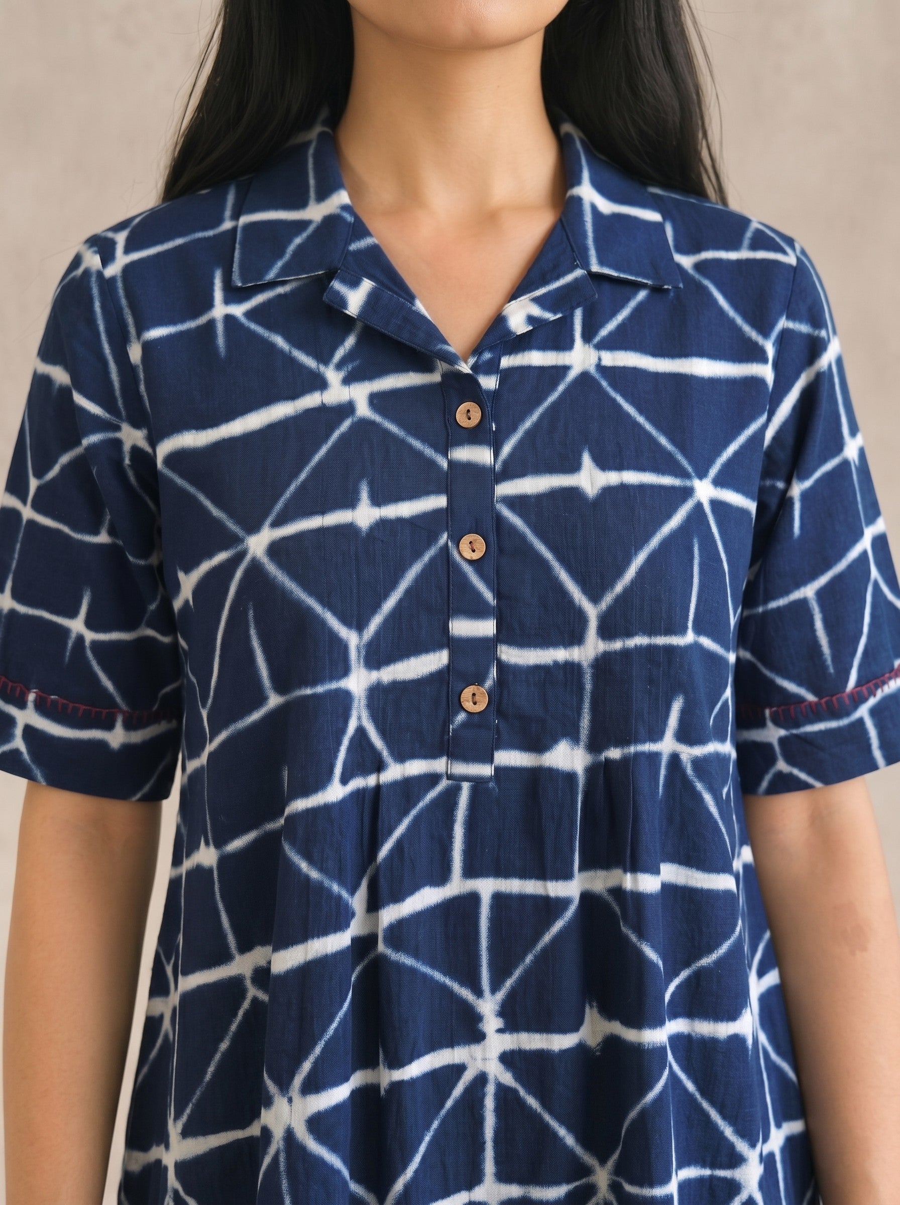 JOYLAND-Relaxed Fit Printed Cotton Dress with Collar Neck, Button Placket and Pockets.