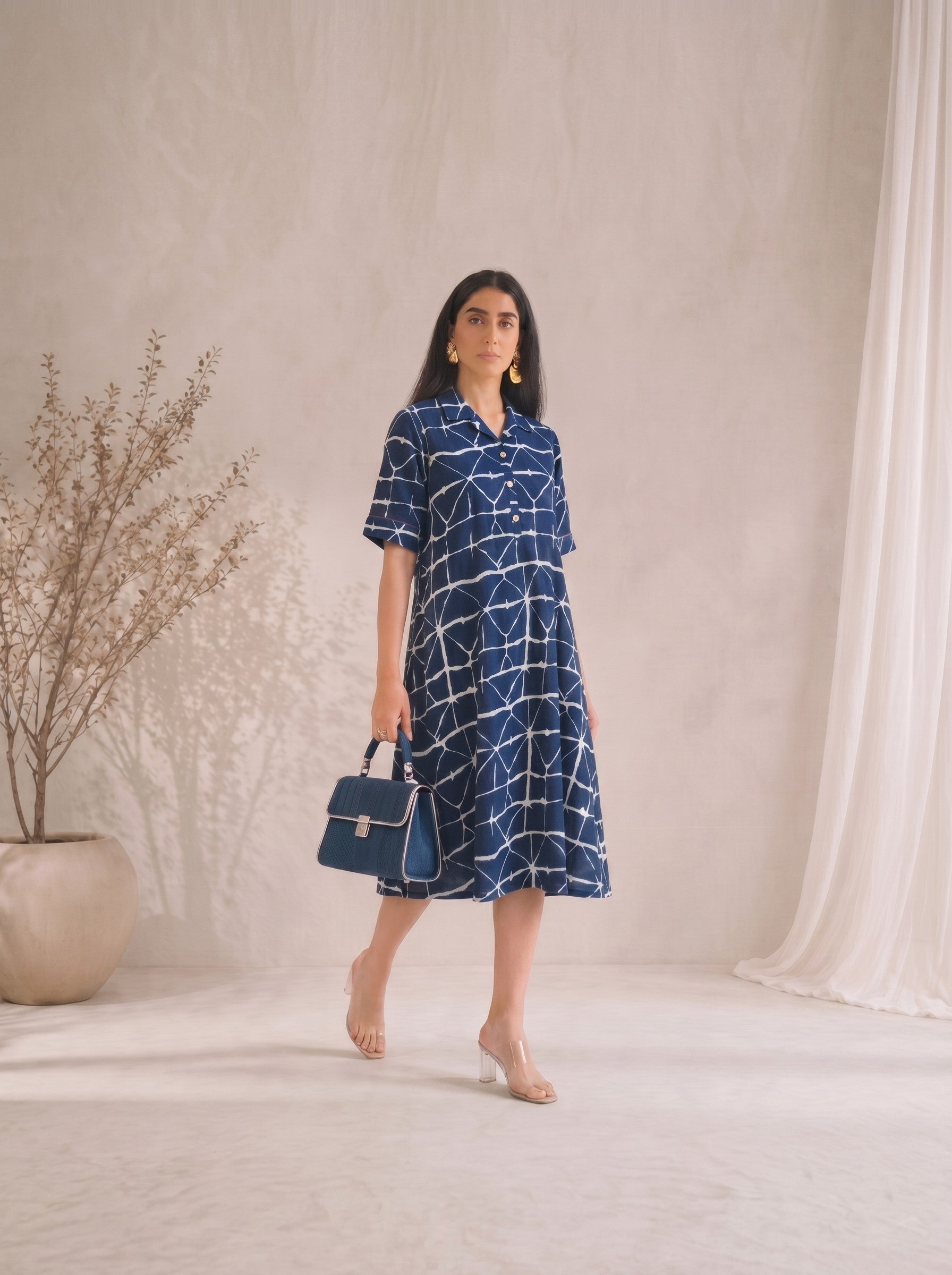 JOYLAND-Relaxed Fit Printed Cotton Dress with Collar Neck, Button Placket and Pockets.