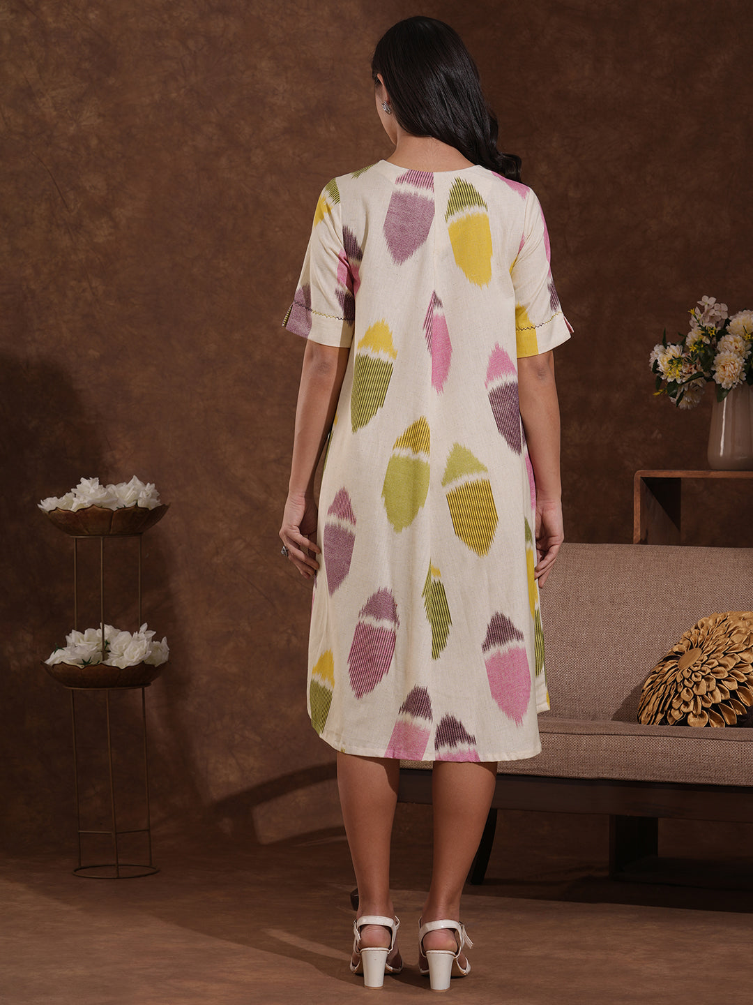 V-Neck cotton flex shirt dress in an 'ikat' weave inspired print with handwork.