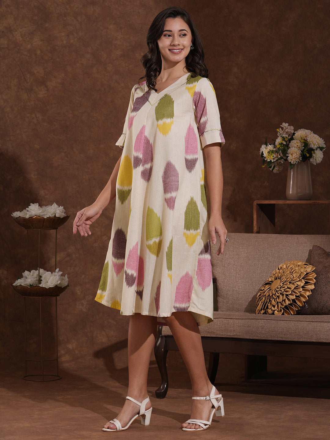 V-Neck cotton flex shirt dress in an 'ikat' weave inspired print with handwork.