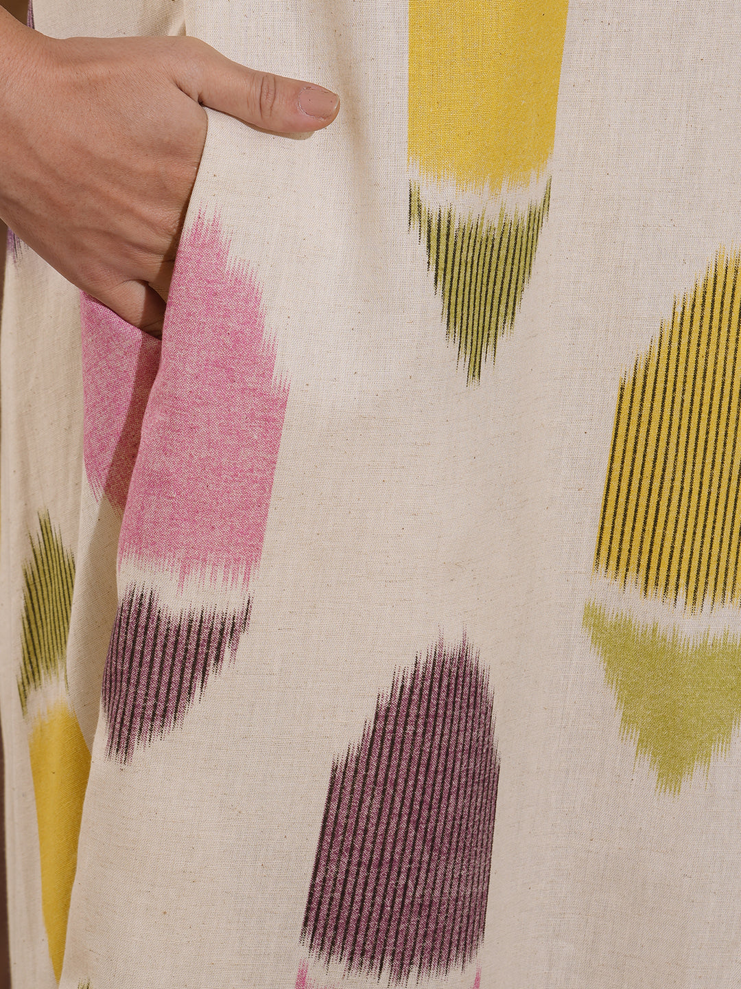 V-Neck cotton flex shirt dress in an 'ikat' weave inspired print with handwork.