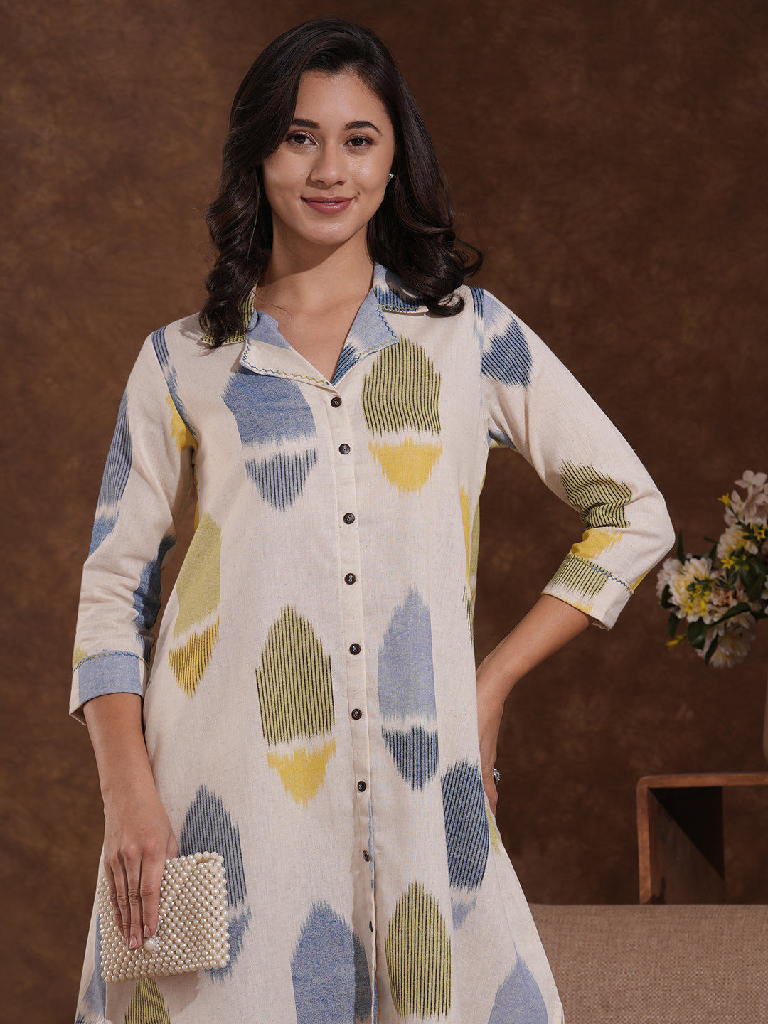 Shirt collared cotton flex dress in an 'ikat' weave inspired print with handwork.