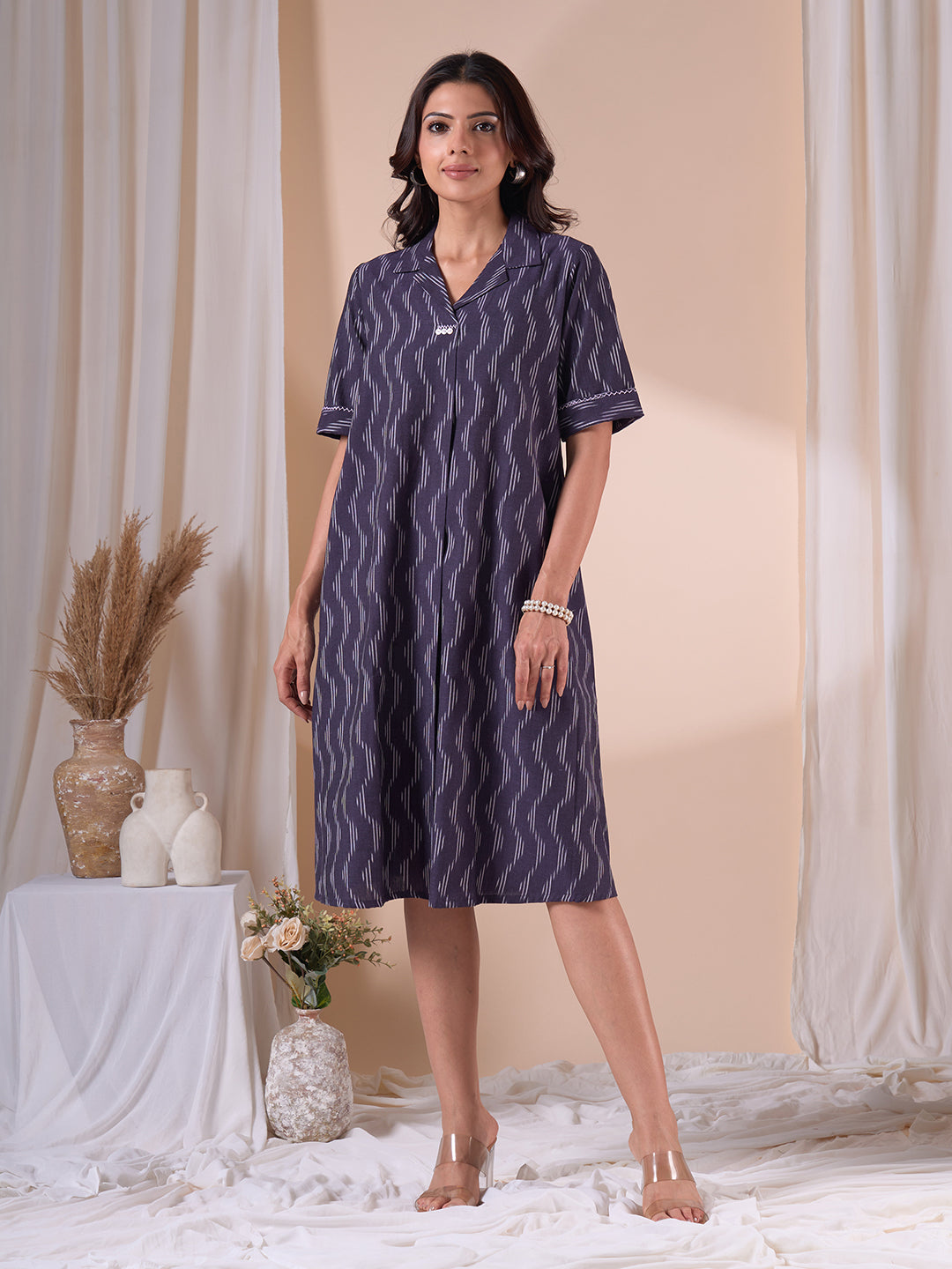 Pocketed A-line Cotton Dress in Woven Ikat Fabric with Notch Collar and Handwork.