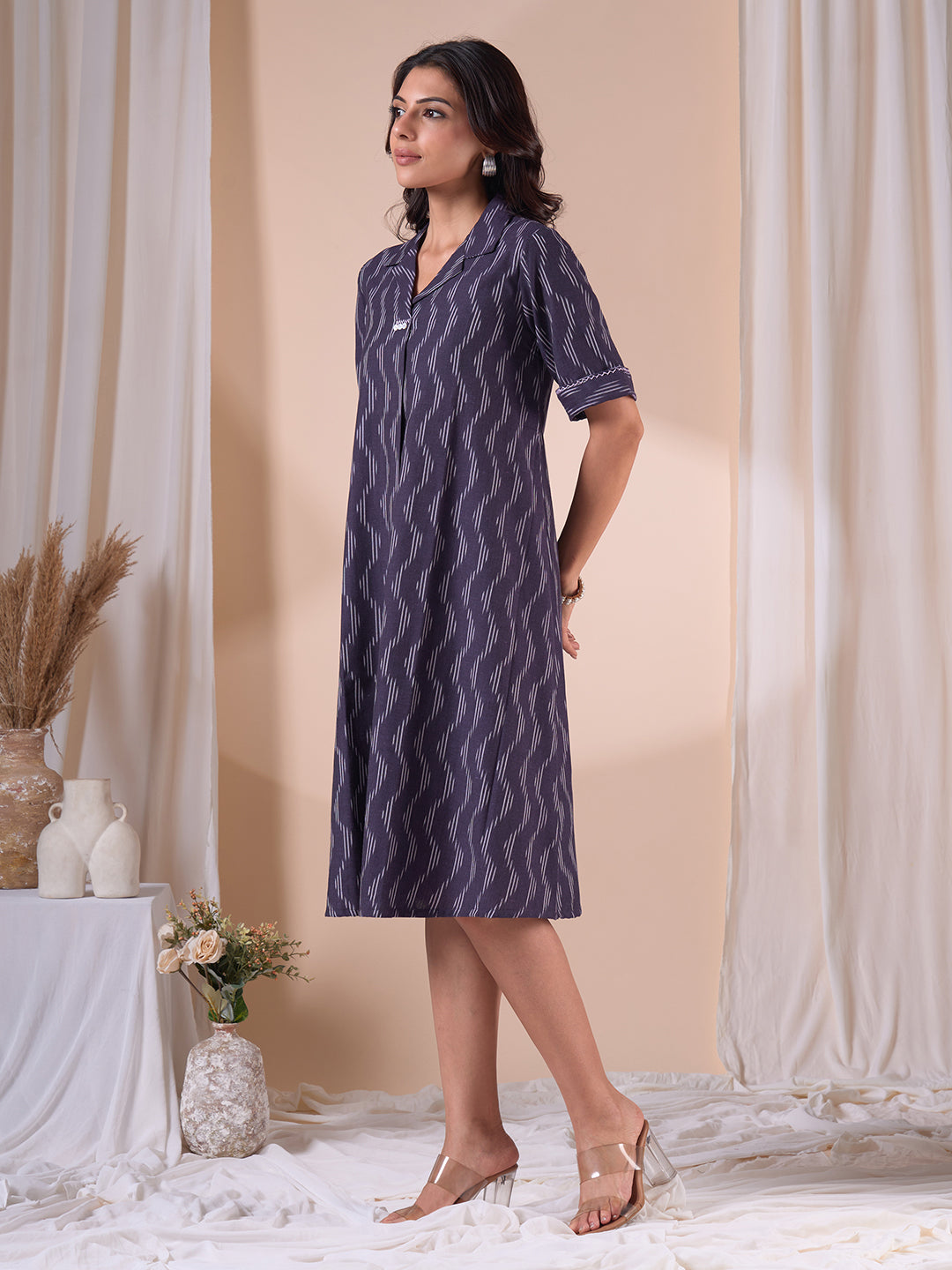 Pocketed A-line Cotton Dress in Woven Ikat Fabric with Notch Collar and Handwork.