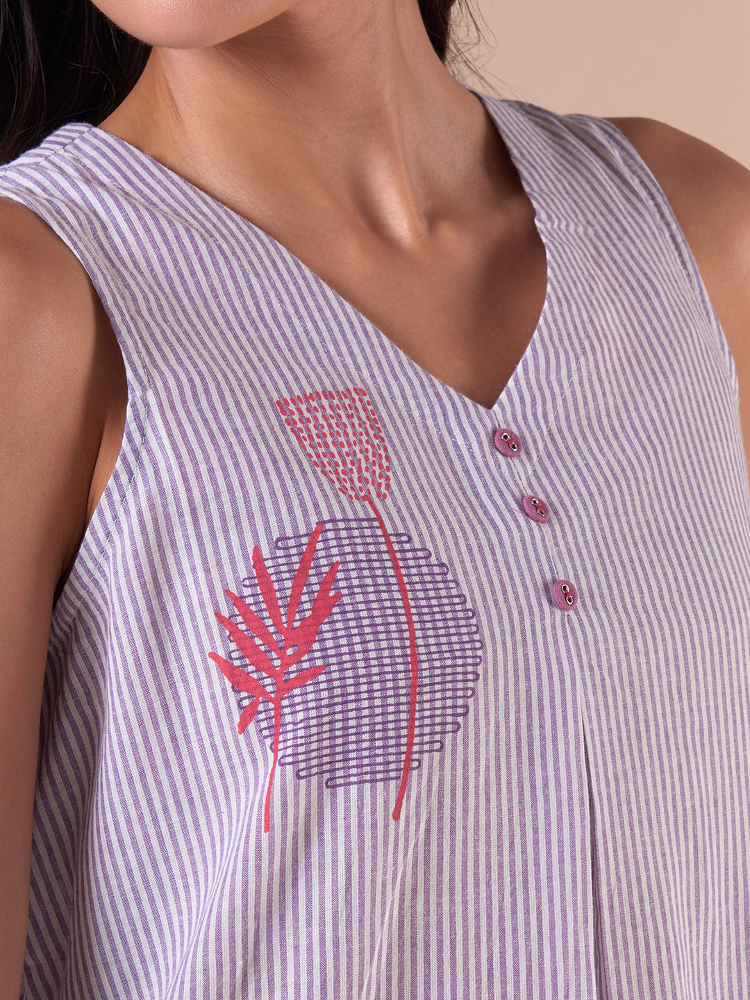 Sleeveless Tent Fit Cotton Dress with V-Neck, Geometric Floral Block Print & Pleat.