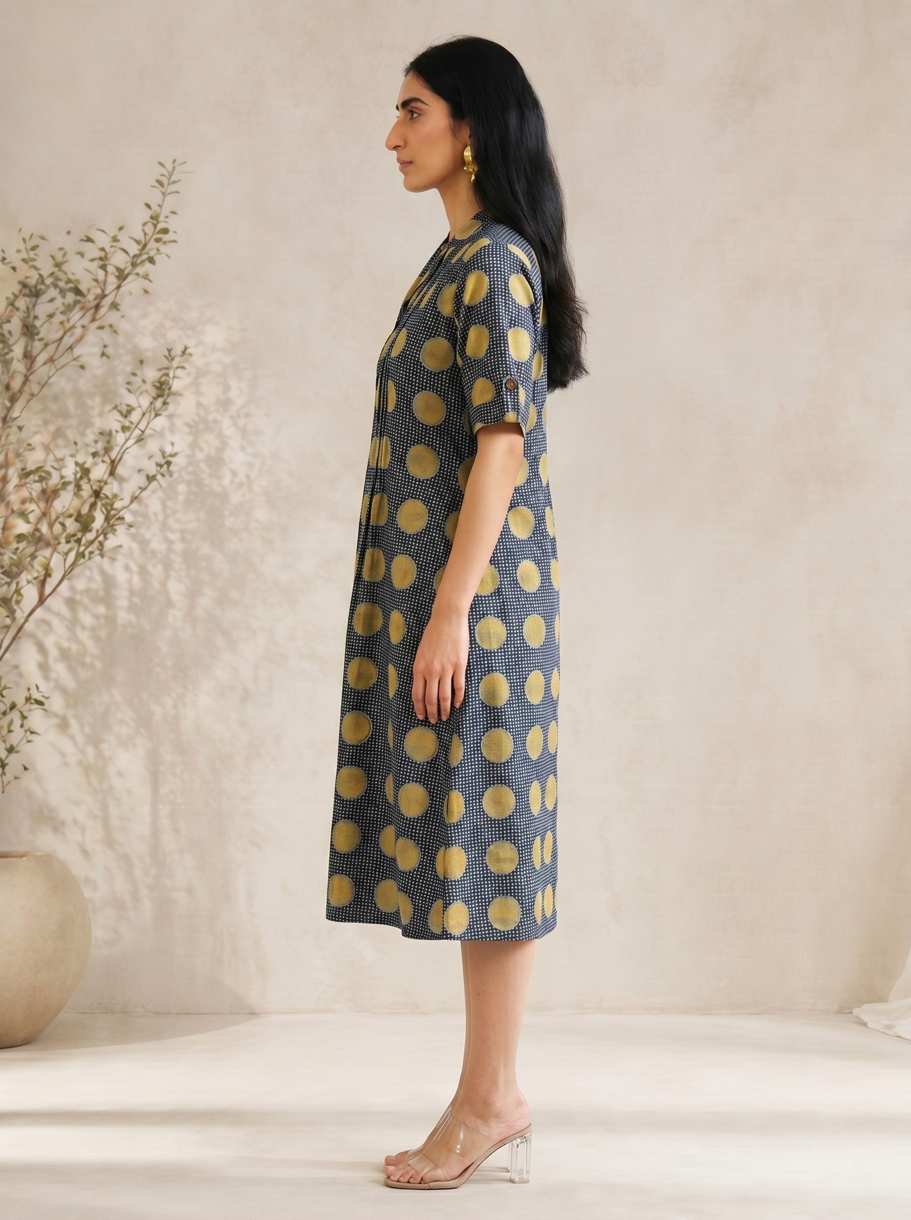 JOYLAND-Printed A-Line Flex Dress with Front Tucks, Notch Collar and Roll-Up Sleeves.