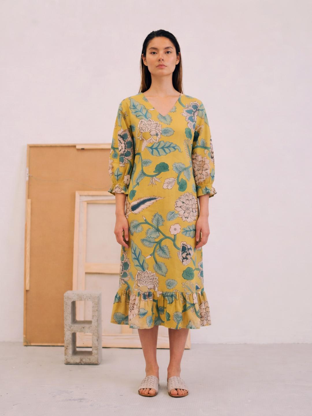 JOYLAND-A-Line Cotton Floral Printed Dress with Tiered Hem & Smocked Sleeves.