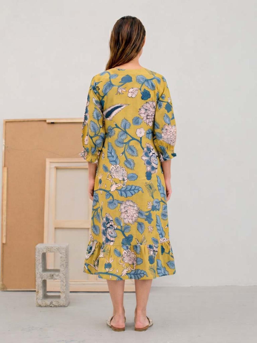 JOYLAND-A-Line Cotton Floral Printed Dress with Tiered Hem & Smocked Sleeves.