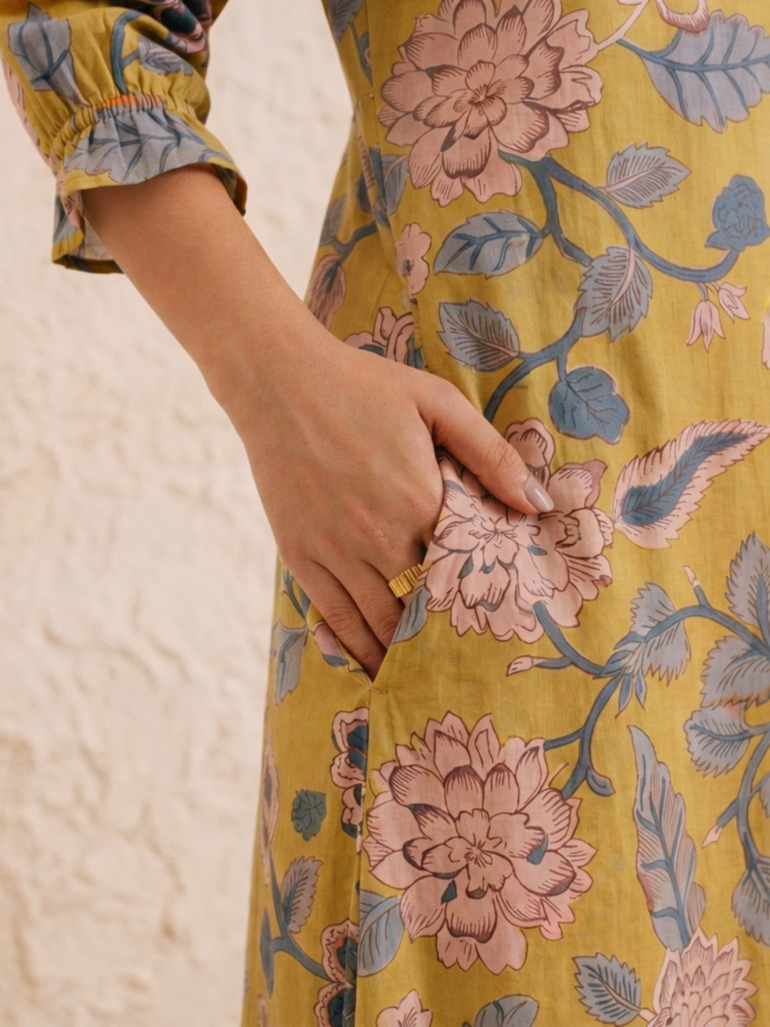 JOYLAND-A-Line Cotton Floral Printed Dress with Tiered Hem & Smocked Sleeves.