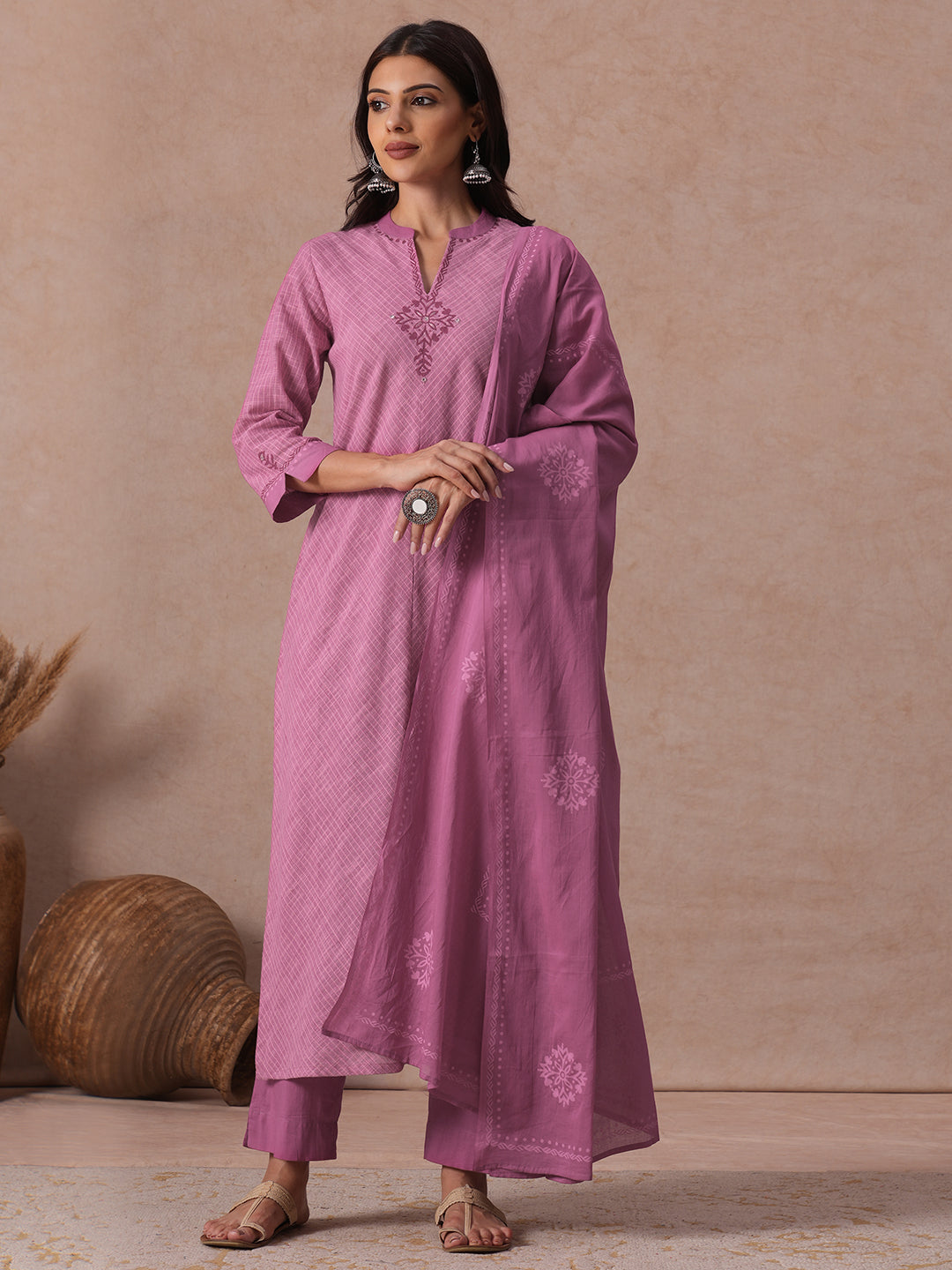 Straight fit Pink Cotton Kurta Suit Set with Floral Motifs, Matching Bottom and Printed Dupatta.