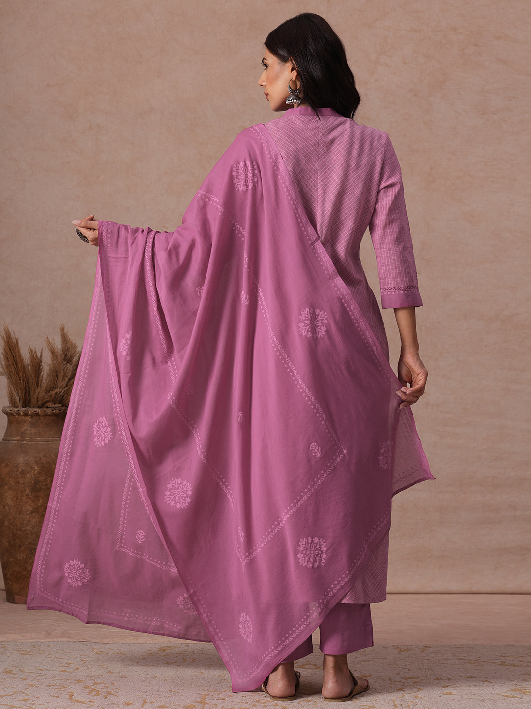 Straight fit Pink Cotton Kurta Suit Set with Floral Motifs, Matching Bottom and Printed Dupatta.