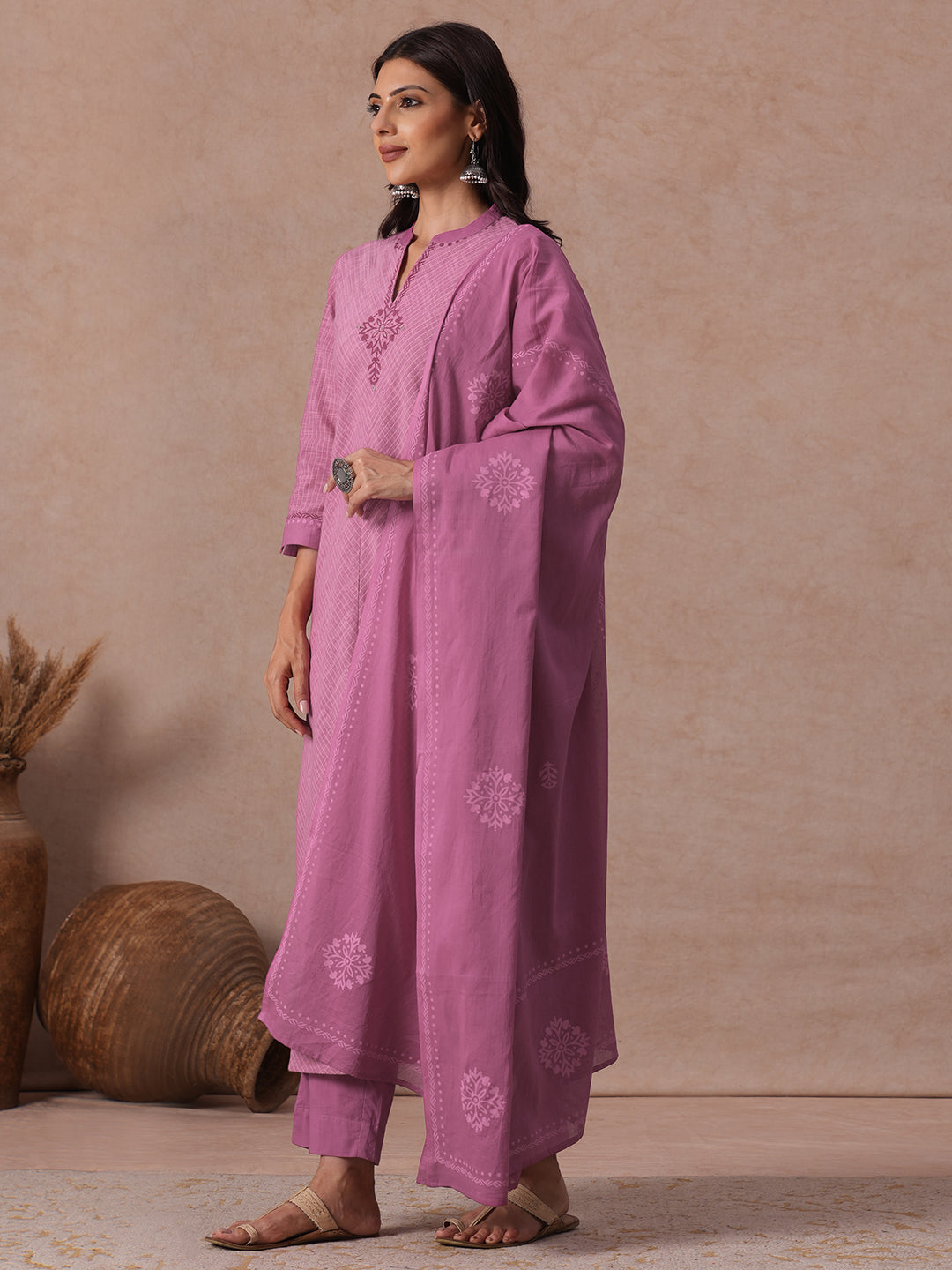 Straight fit Pink Cotton Kurta Suit Set with Floral Motifs, Matching Bottom and Printed Dupatta.
