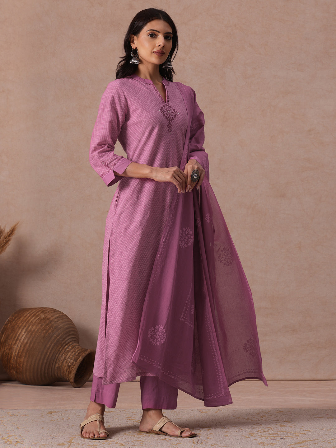 Straight fit Pink Cotton Kurta Suit Set with Floral Motifs, Matching Bottom and Printed Dupatta.