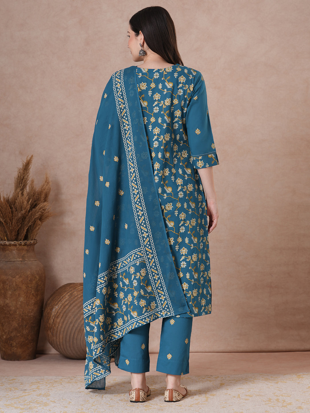 Straight fit Printed Panelled Cotton Kurta Set with Dupatta.