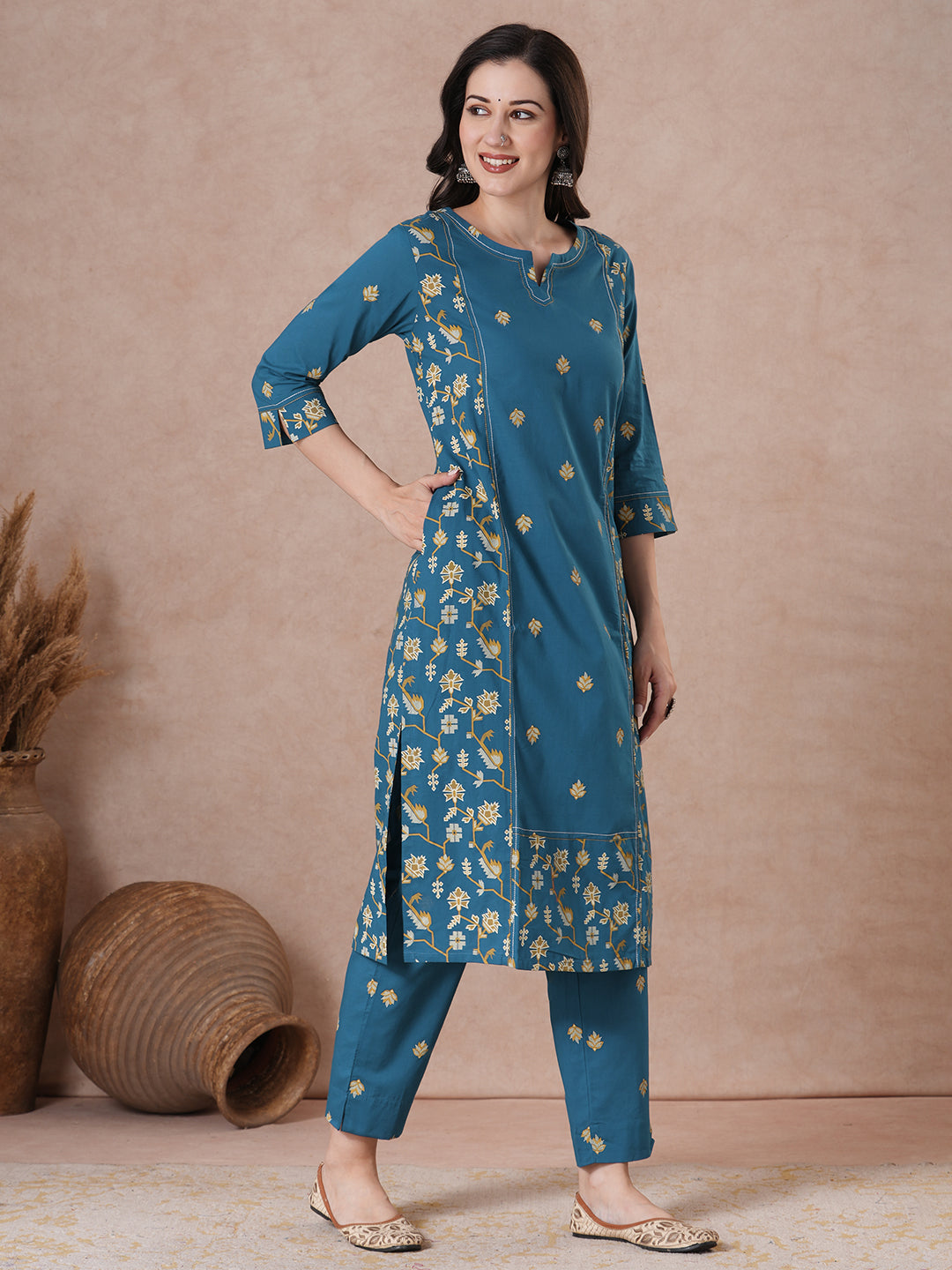 Straight fit Printed Panelled Cotton Kurta Set with Dupatta.