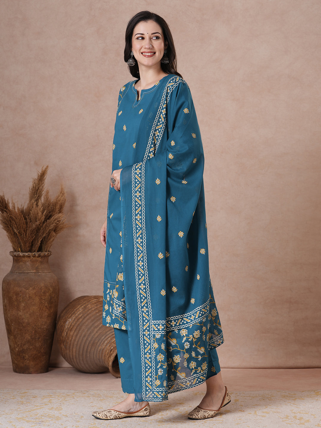 Straight fit Printed Panelled Cotton Kurta Set with Dupatta.