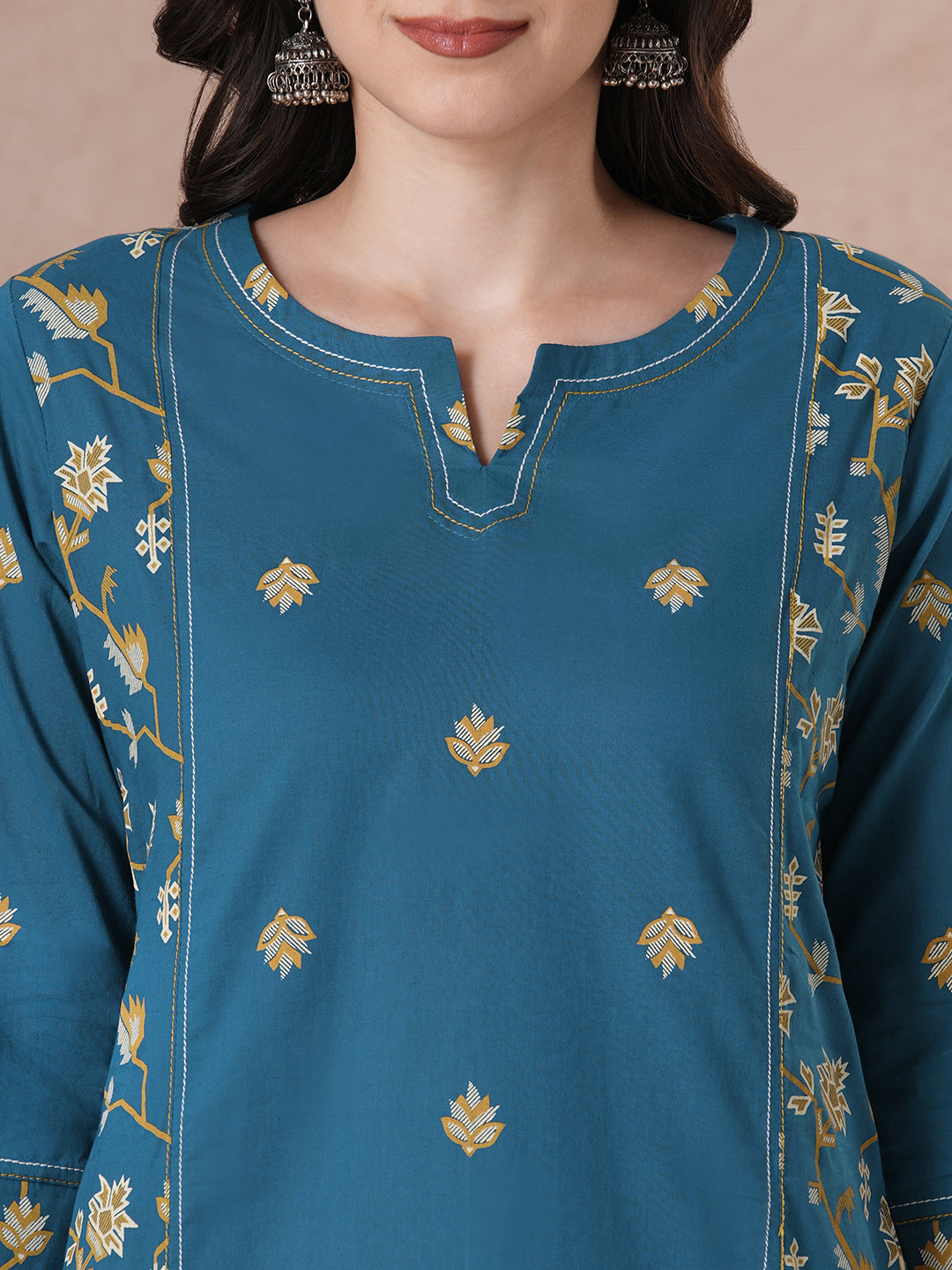 Straight fit Printed Panelled Cotton Kurta Set with Dupatta.