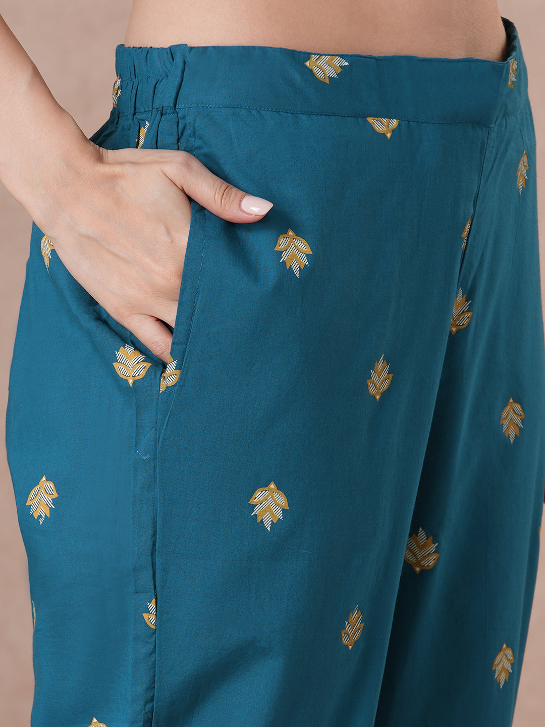 Straight fit Printed Panelled Cotton Kurta Set with Dupatta.