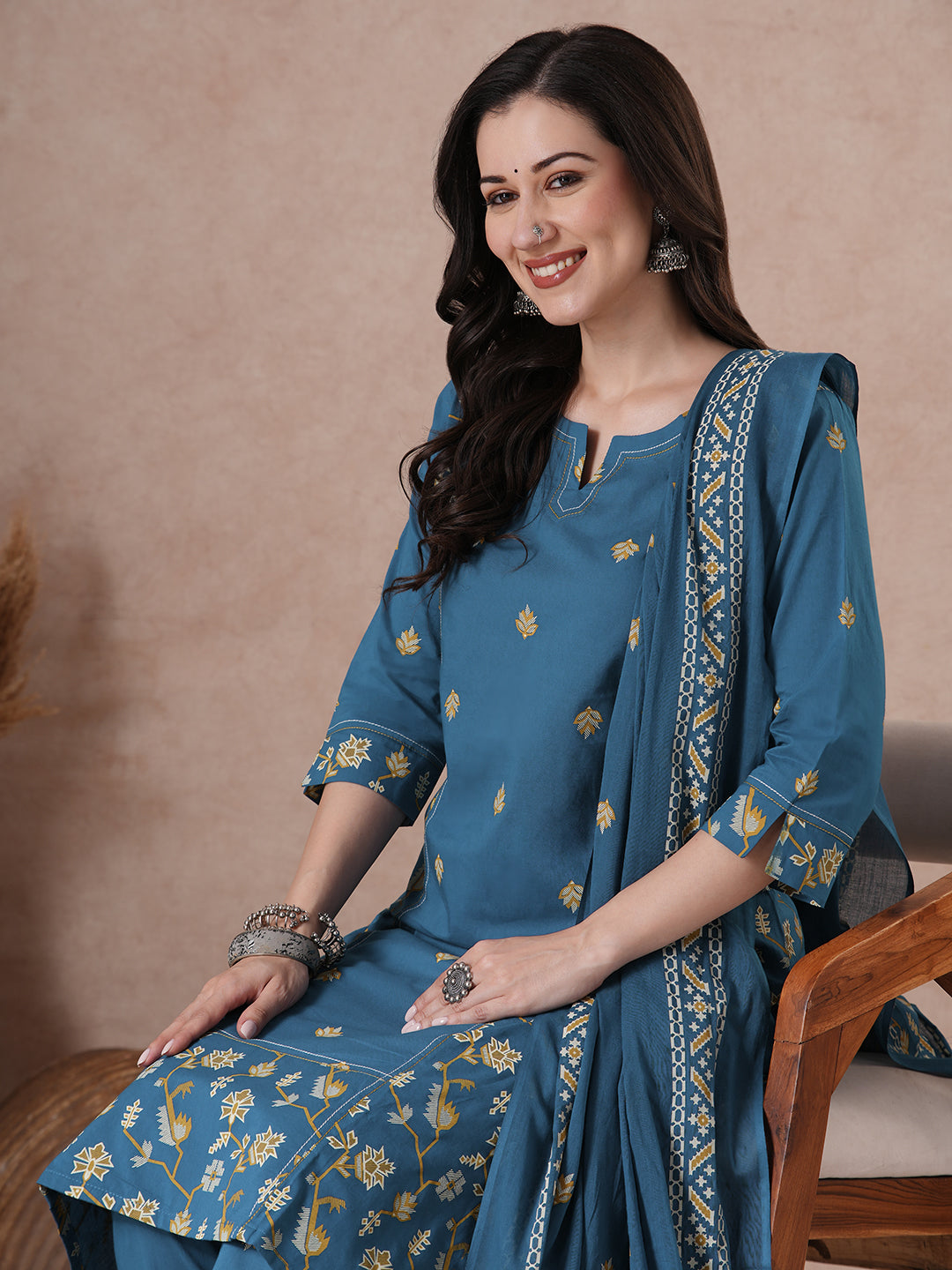 Straight fit Printed Panelled Cotton Kurta Set with Dupatta.