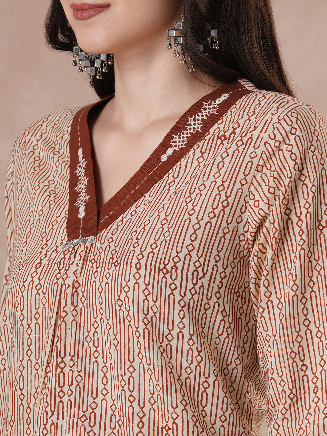 Classic Cream Cotton Kurta Set with Geometric Print, Subtle Handwork, Metal Trim Highlights, Printed Dupatta and Coordinated Solid Pants