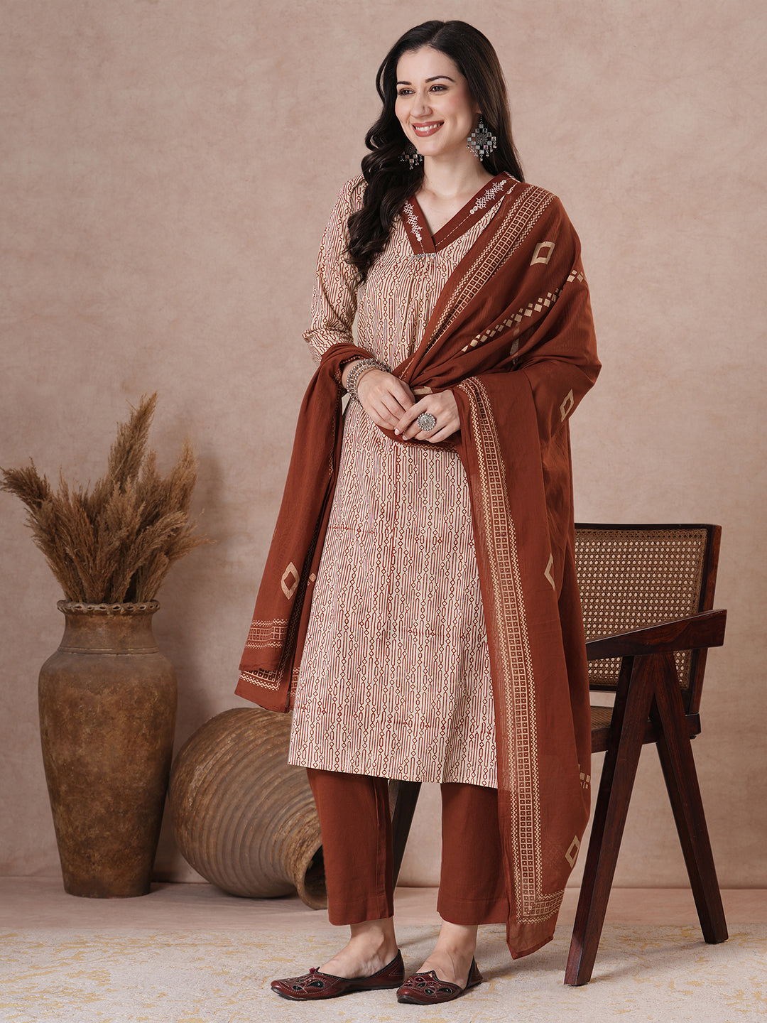 Classic Cream Cotton Kurta Set with Geometric Print, Subtle Handwork, Metal Trim Highlights, Printed Dupatta and Coordinated Solid Pants