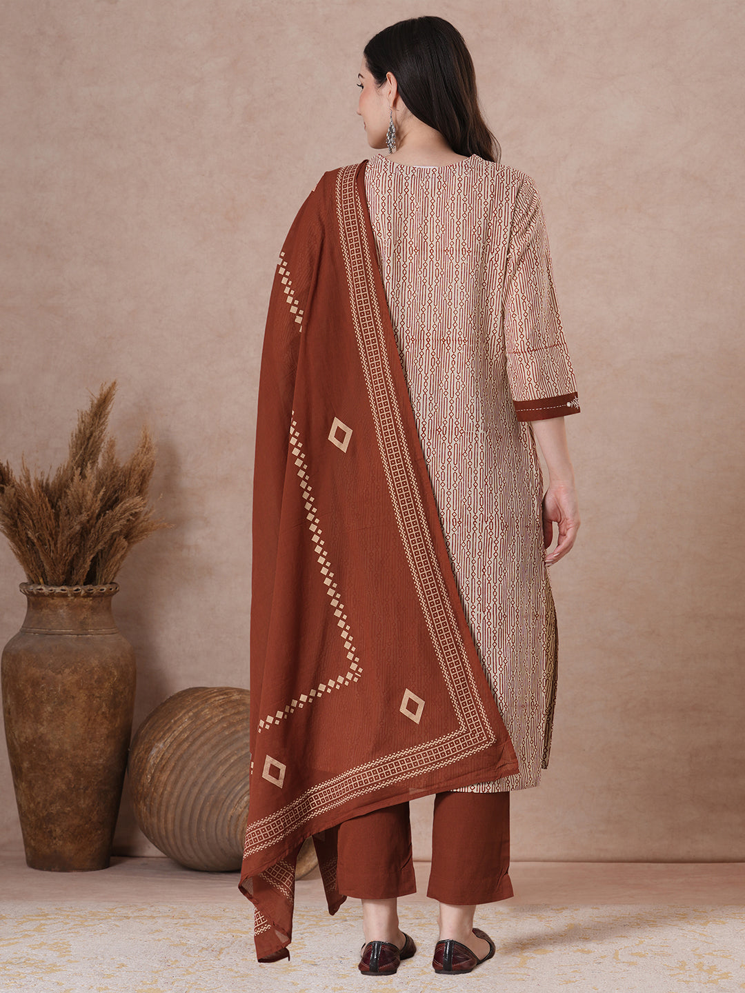 Classic Cream Cotton Kurta Set with Geometric Print, Subtle Handwork, Metal Trim Highlights, Printed Dupatta and Coordinated Solid Pants