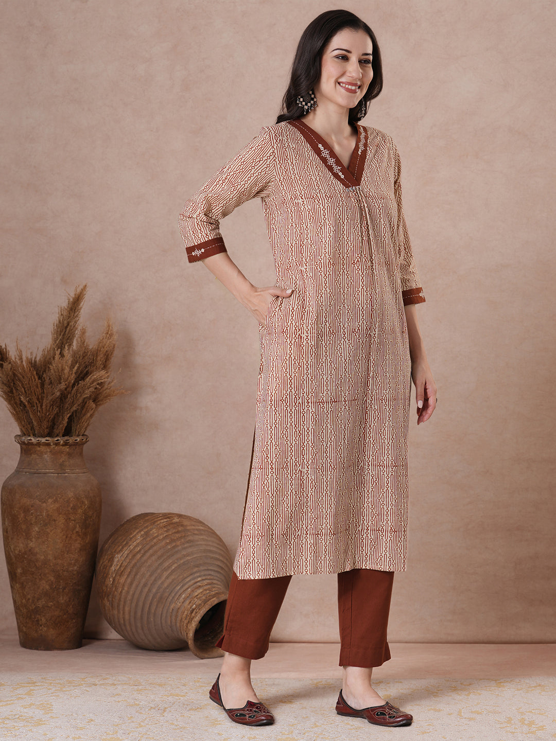 Classic Cream Cotton Kurta Set with Geometric Print, Subtle Handwork, Metal Trim Highlights, Printed Dupatta and Coordinated Solid Pants