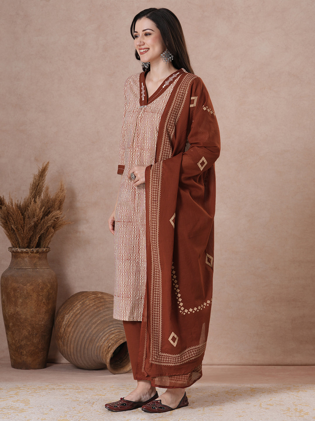Classic Cream Cotton Kurta Set with Geometric Print, Subtle Handwork, Metal Trim Highlights, Printed Dupatta and Coordinated Solid Pants