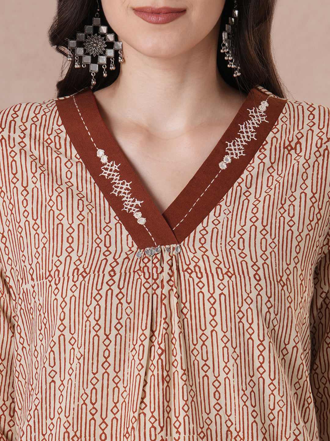 Classic Cream Cotton Kurta Set with Geometric Print, Subtle Handwork, Metal Trim Highlights, Printed Dupatta and Coordinated Solid Pants