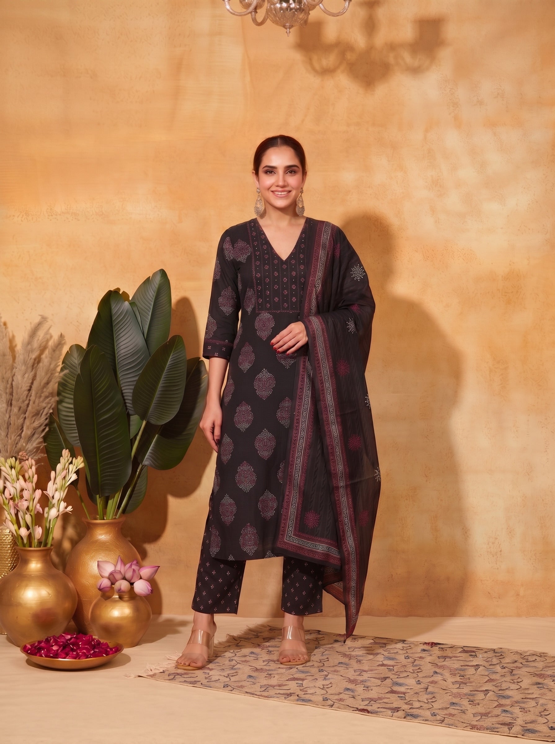 Ready-to-Wear Straight Doby Cotton Printed Kurta Suit Set with Hand Block Dupatta.(Black)