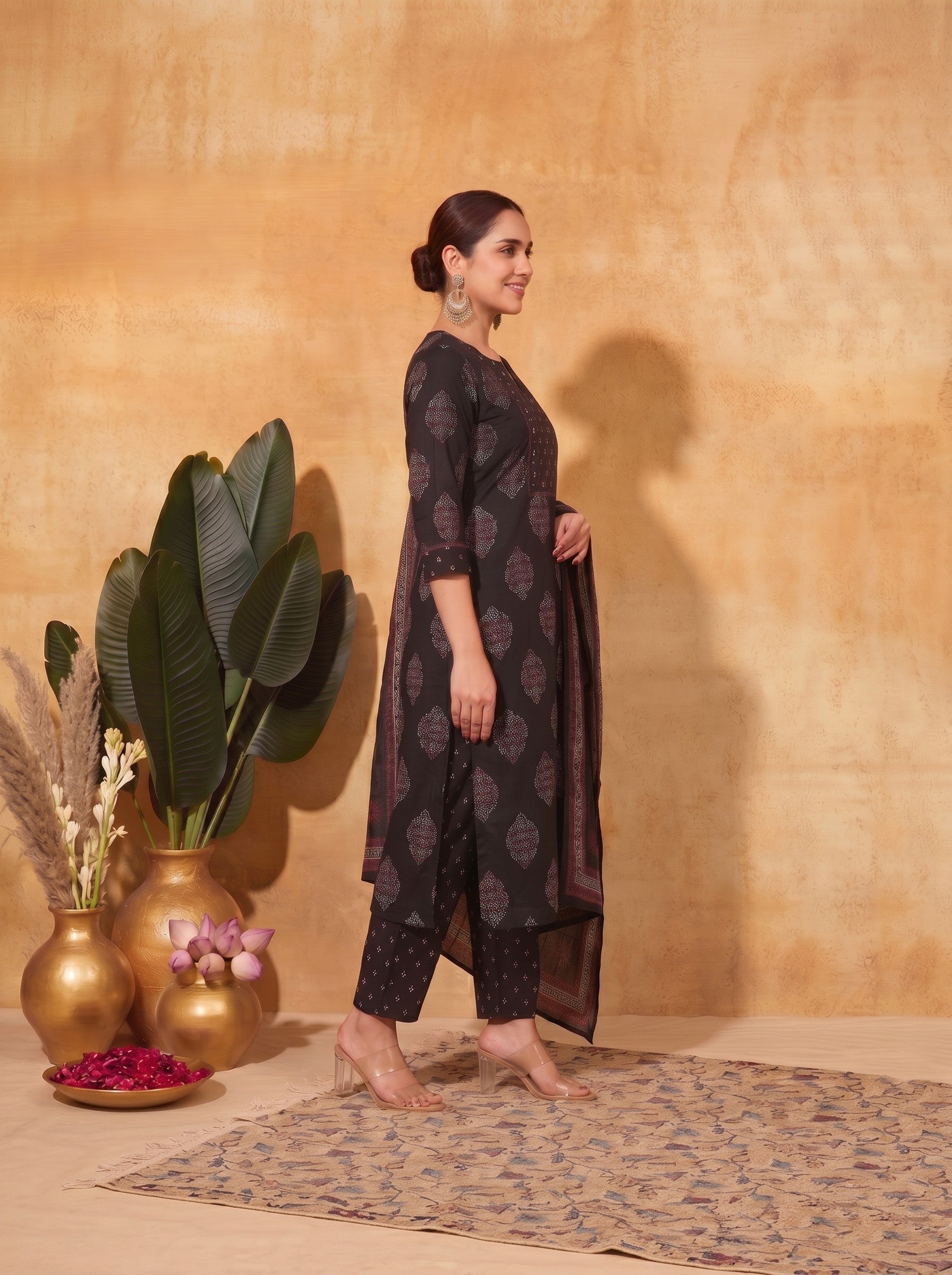 Ready-to-Wear Straight Doby Cotton Printed Kurta Suit Set with Hand Block Dupatta.(Black)