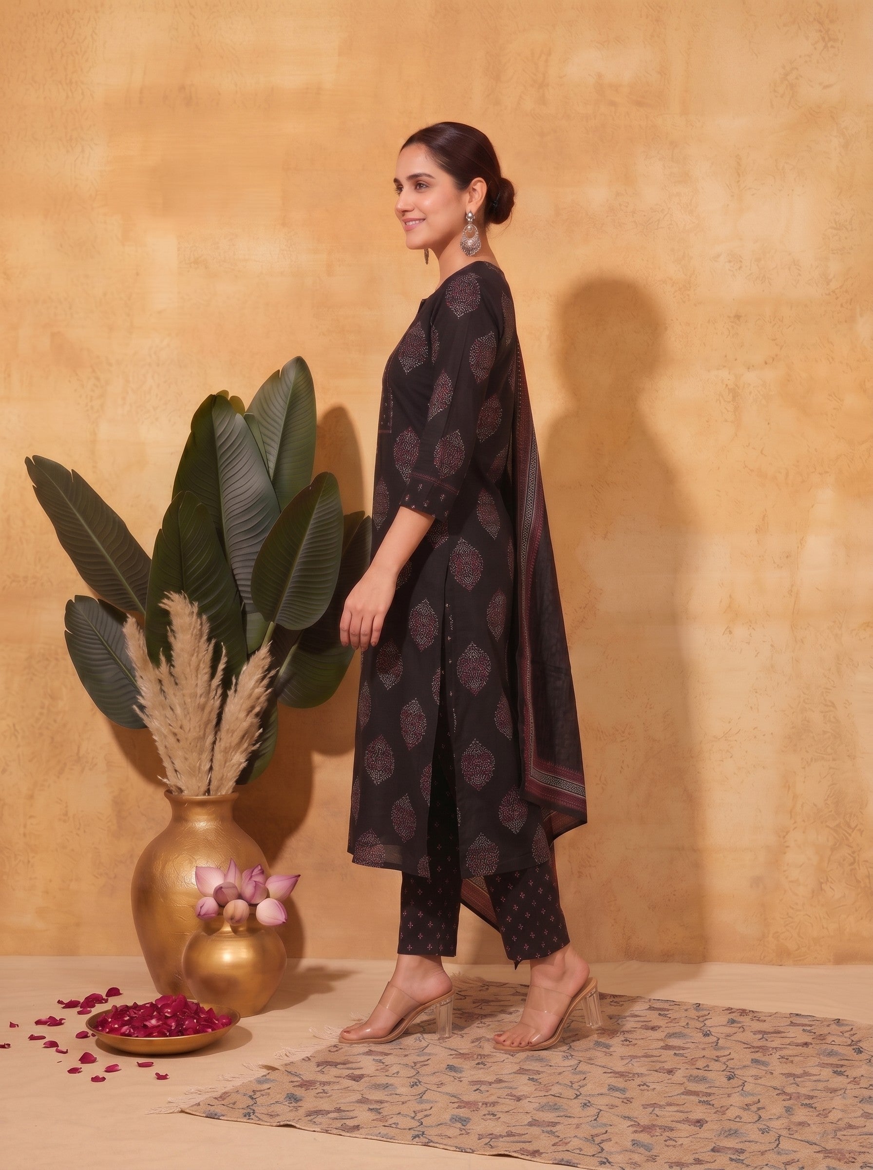 Ready-to-Wear Straight Doby Cotton Printed Kurta Suit Set with Hand Block Dupatta.(Black)