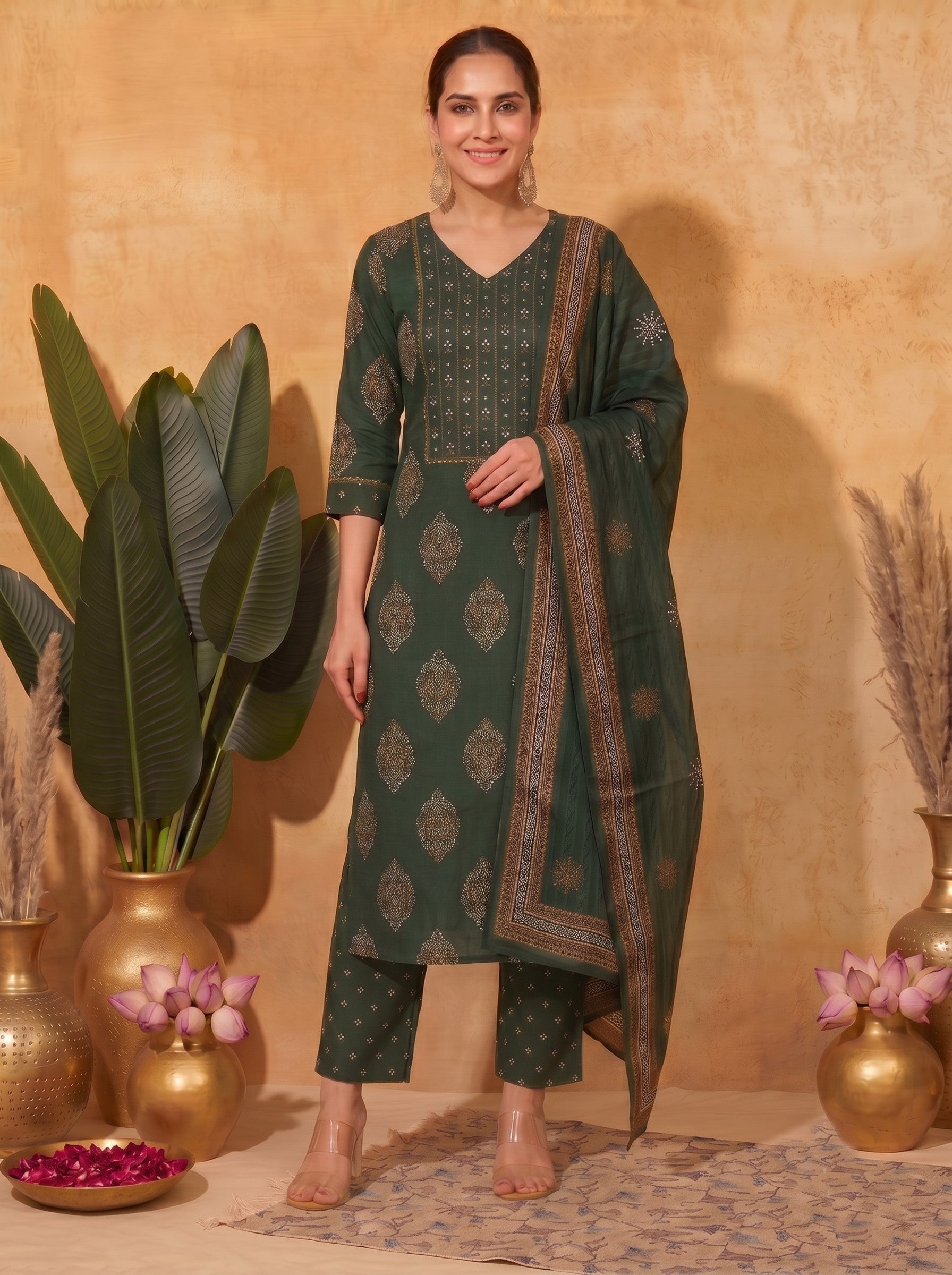 Ready-to-Wear Straight Doby Cotton Printed Kurta Suit Set with Hand Block Dupatta.(Green)