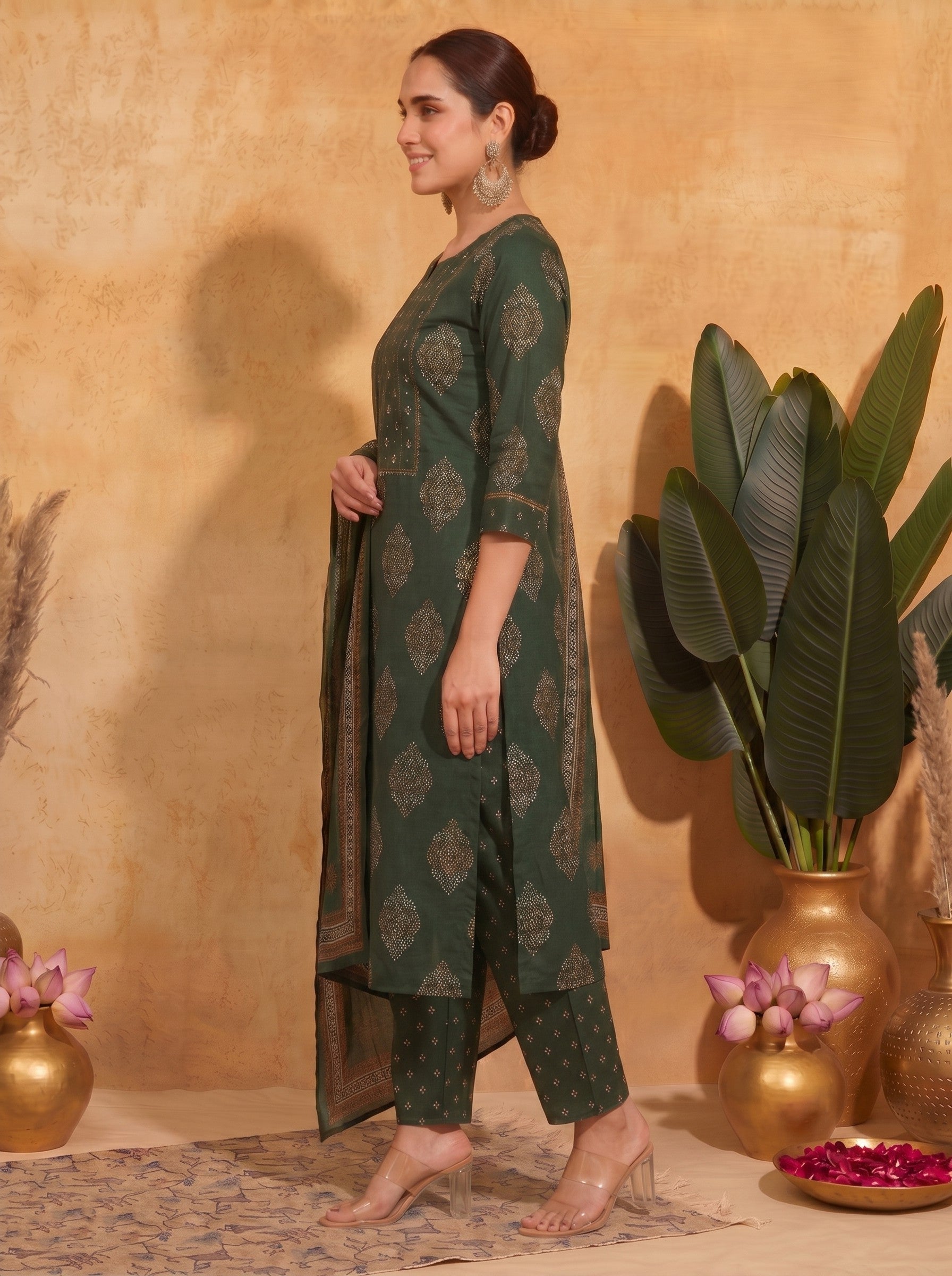 Ready-to-Wear Straight Doby Cotton Printed Kurta Suit Set with Hand Block Dupatta.(Green)