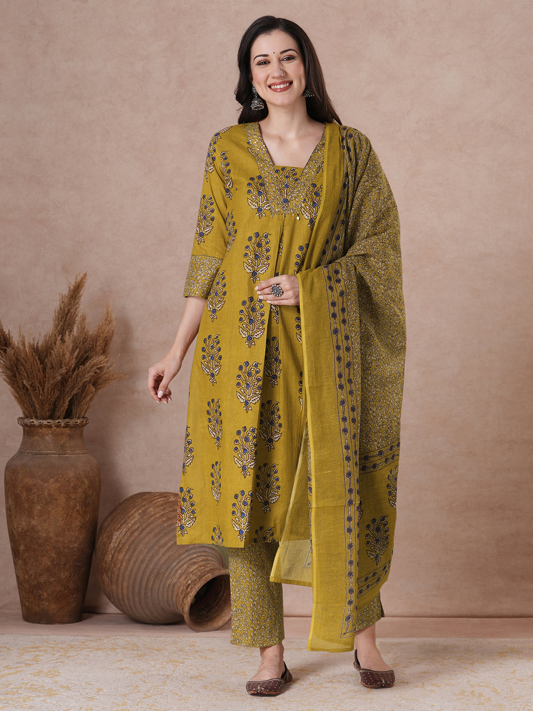 Mustard floral Printed Kurta Set with Kota Doria Dupatta.