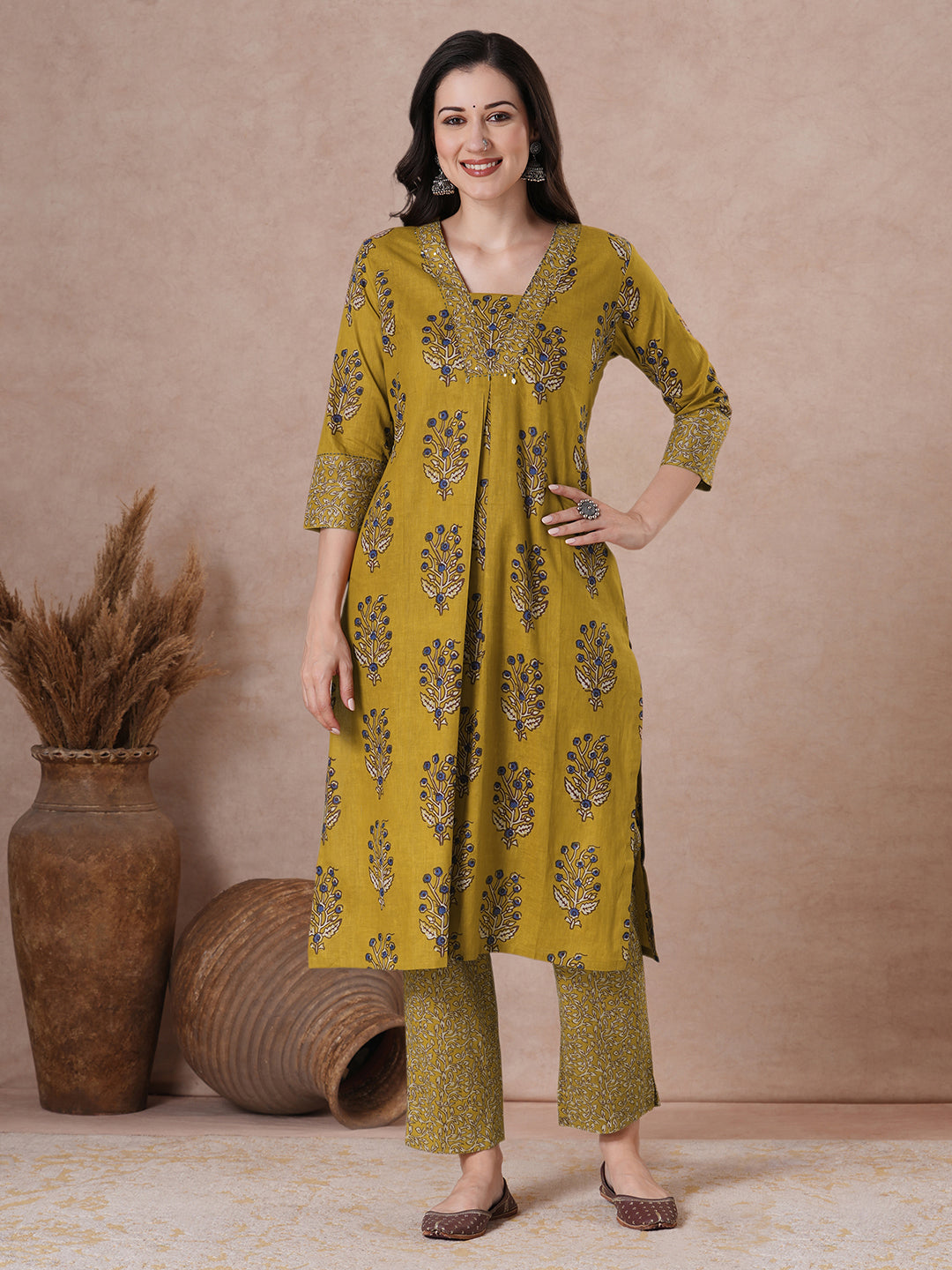Mustard floral Printed Kurta Set with Kota Doria Dupatta.