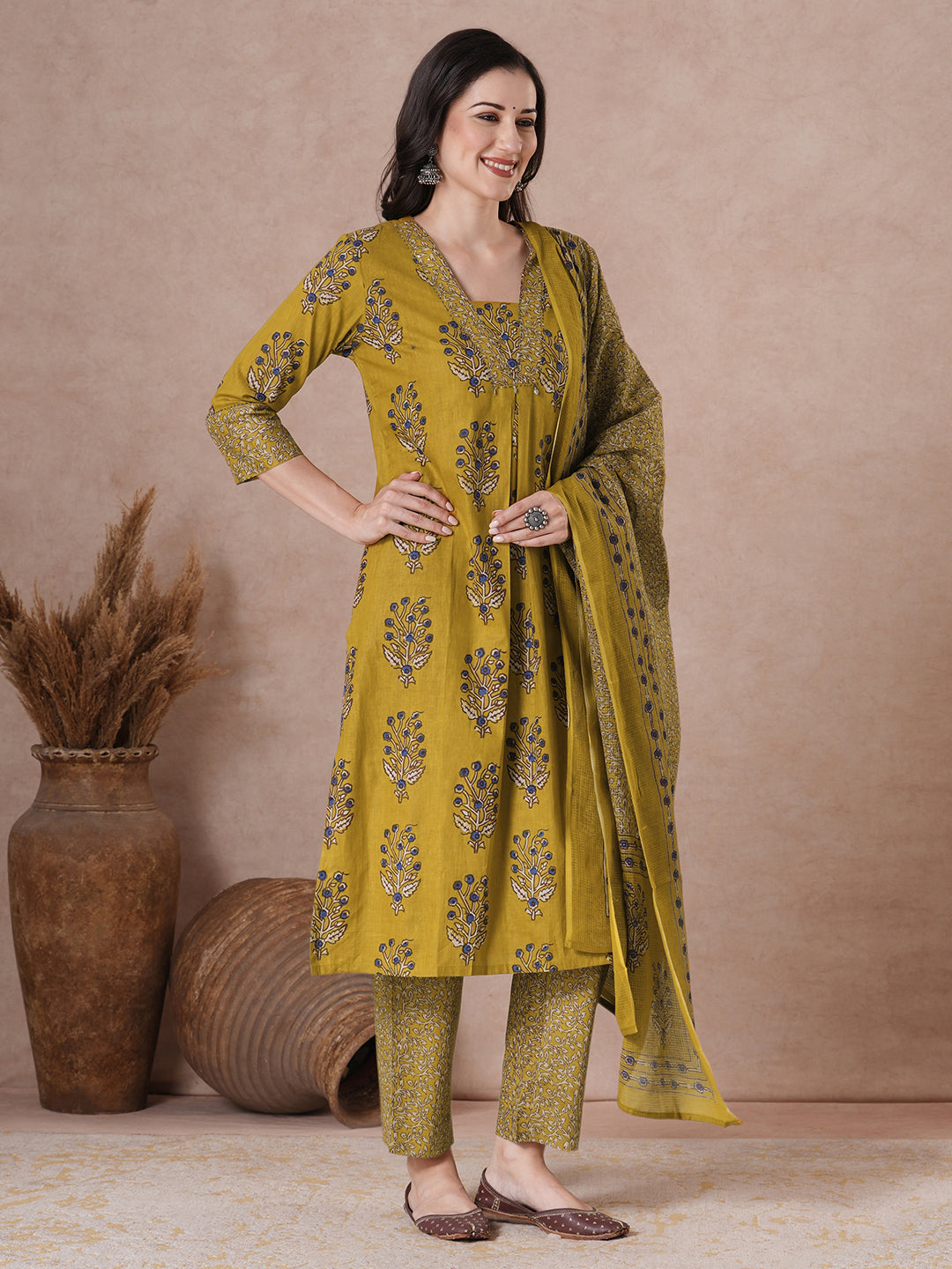 Mustard floral Printed Kurta Set with Kota Doria Dupatta.