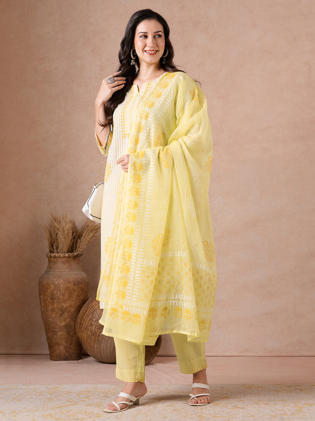 Straight Fit Cotton Kurta Suit Set with Block Print, Mustard Bottom & Kota Dupatta.