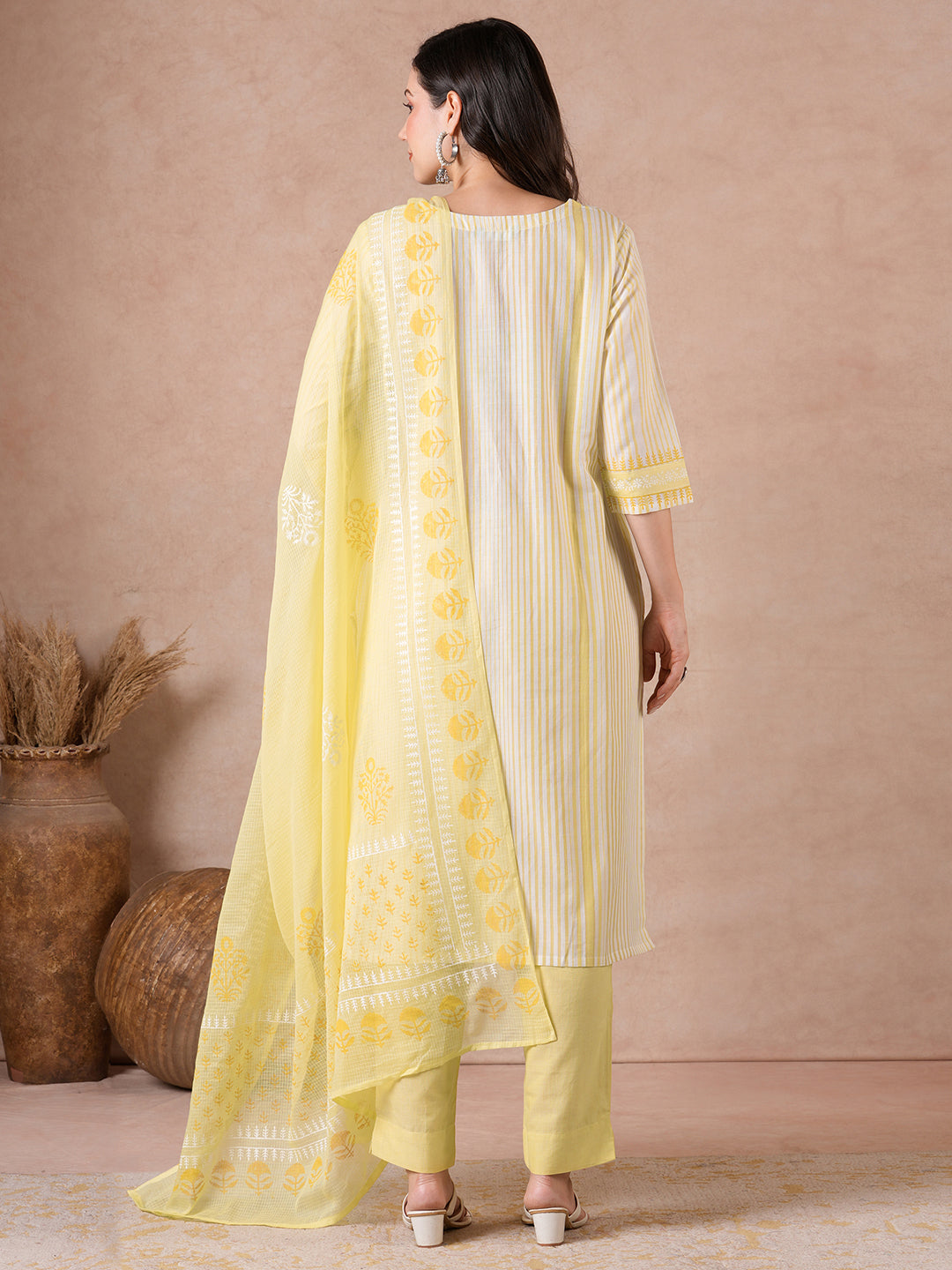 Straight Fit Cotton Kurta Suit Set with Block Print, Mustard Bottom & Kota Dupatta.