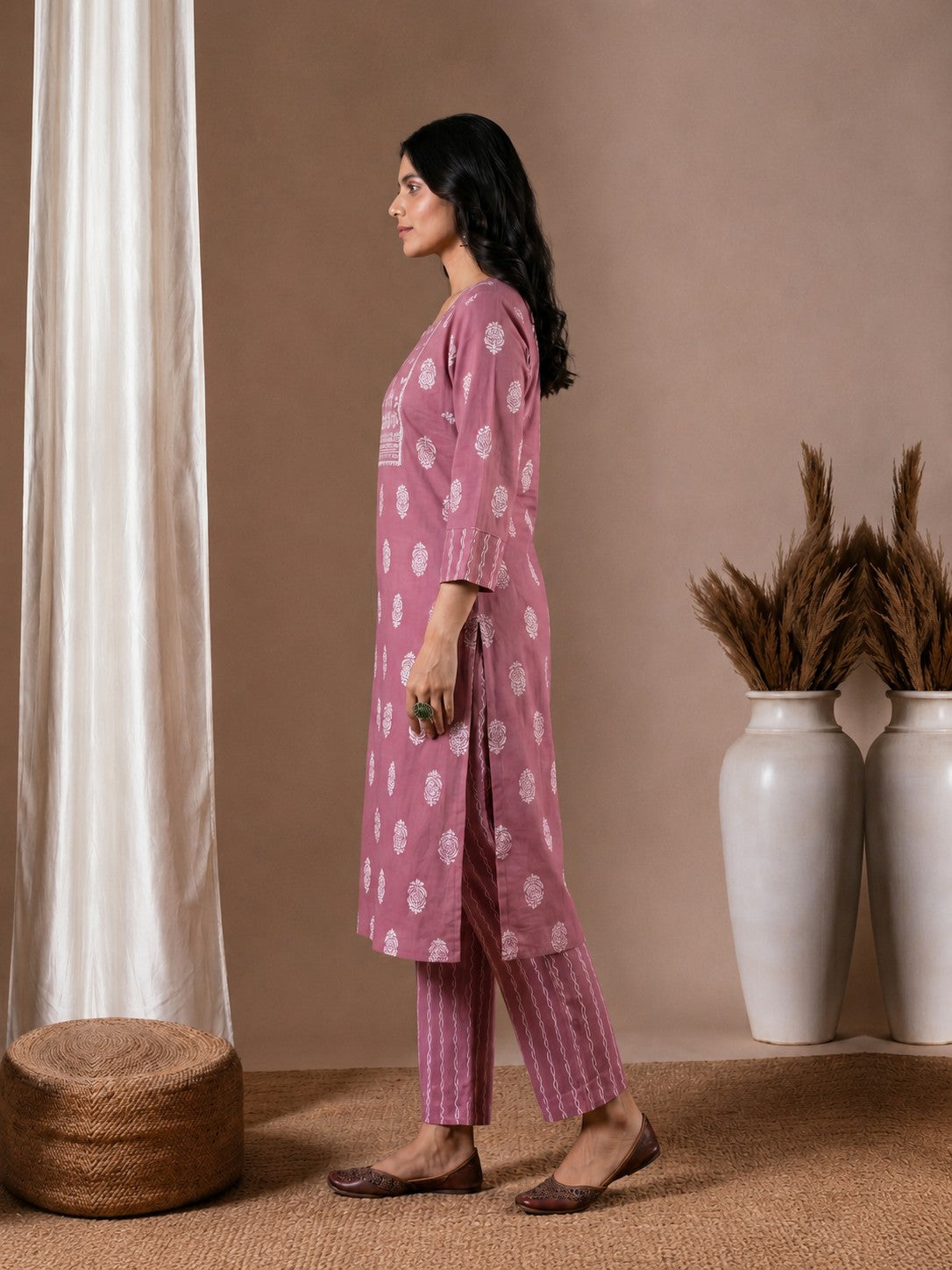 Elegant Cotton printed Straight Fit Kurta Set with Embroidered Yoke & Dupatta.(Pink)